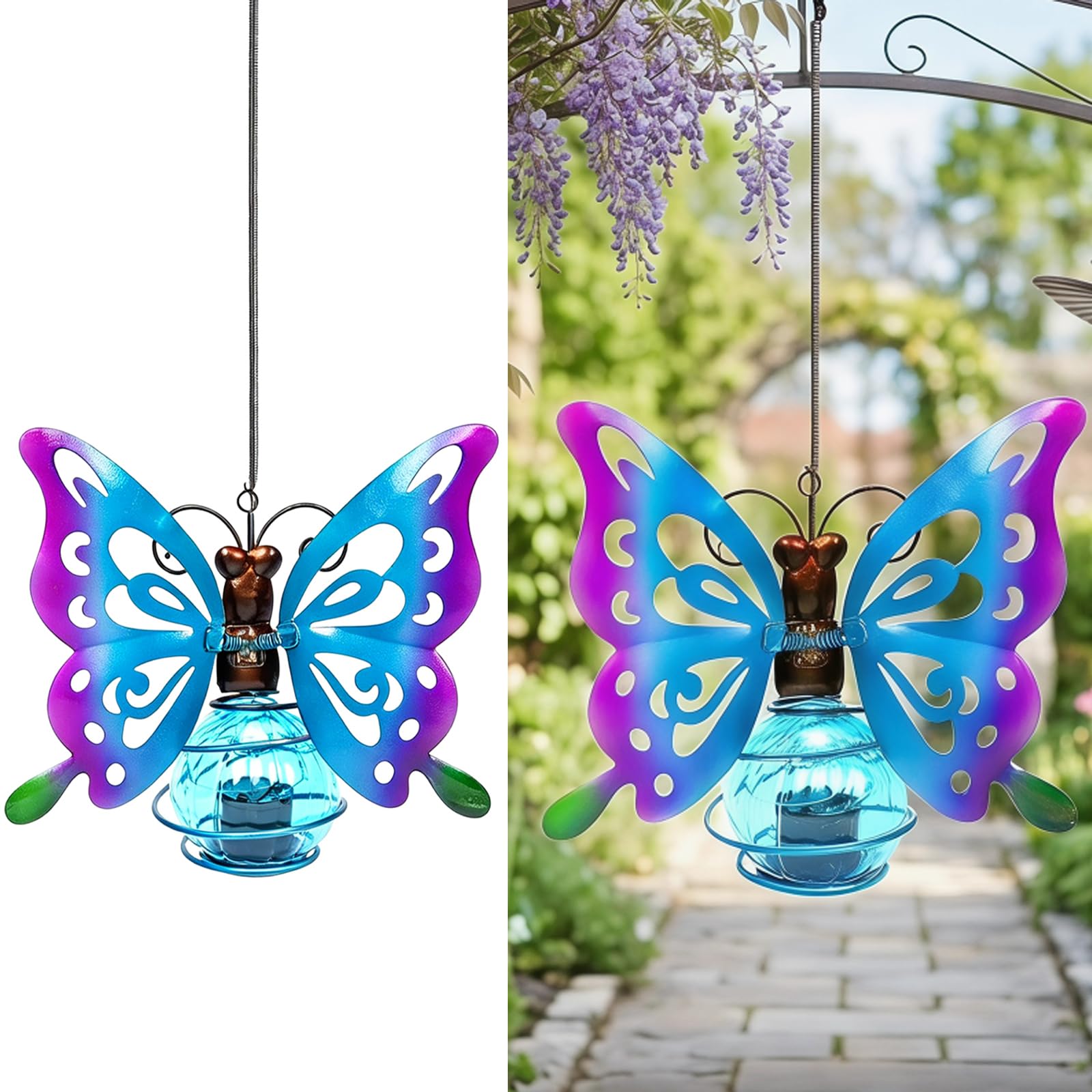 2Pcs Hanging Solar Butterfly Lights, Outdoor Garden Decor with Metal Art, Solar Powered Yard Decoration for Patio Porch Backyard Fence, Waterproof Hanging Lantern Gifts for Women Mom Grandma