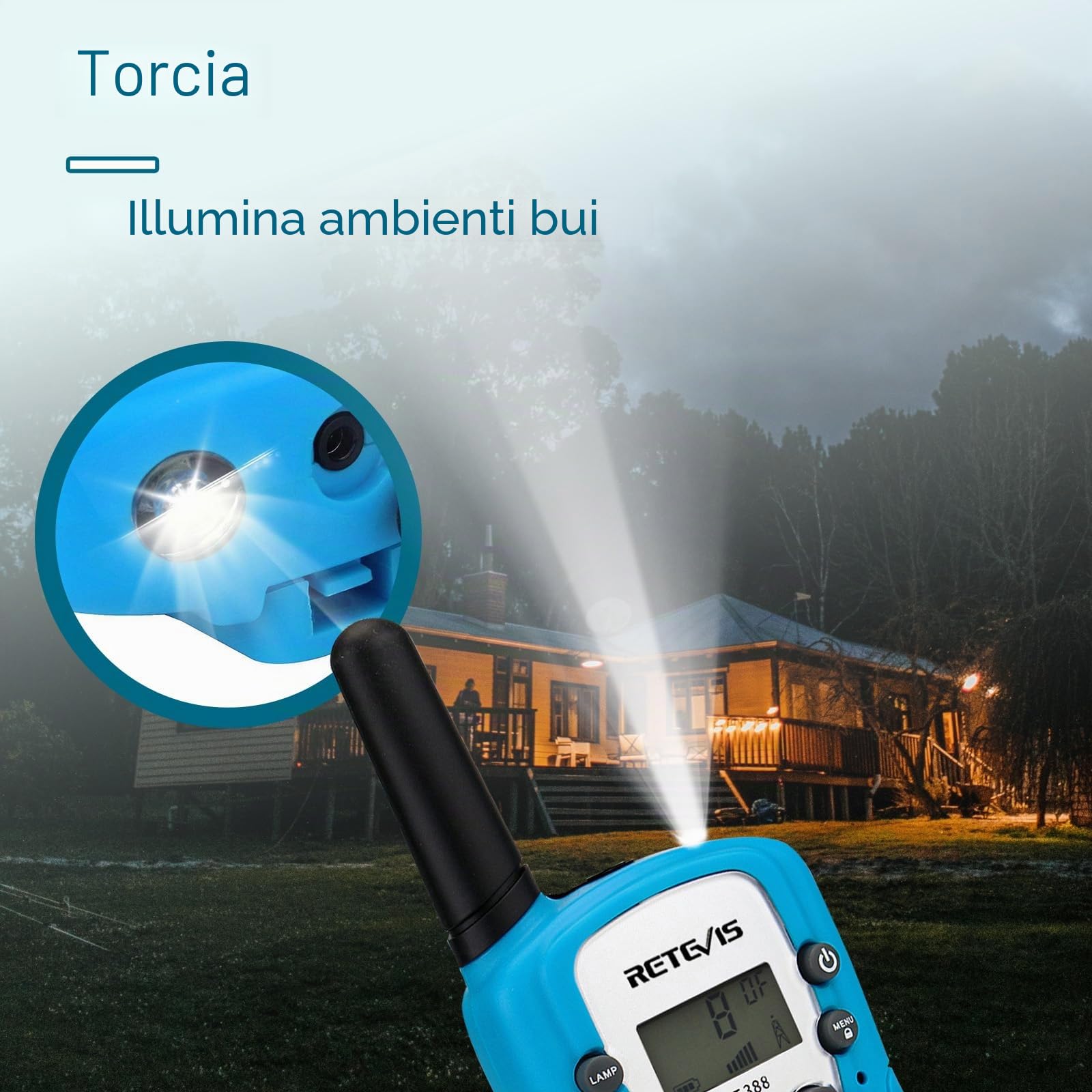 Retevis RT388 Walkie Talkie Bambini PMR446 8 Canali VOX Torcia 10 Toni Chiamata Blu 1 Coppia