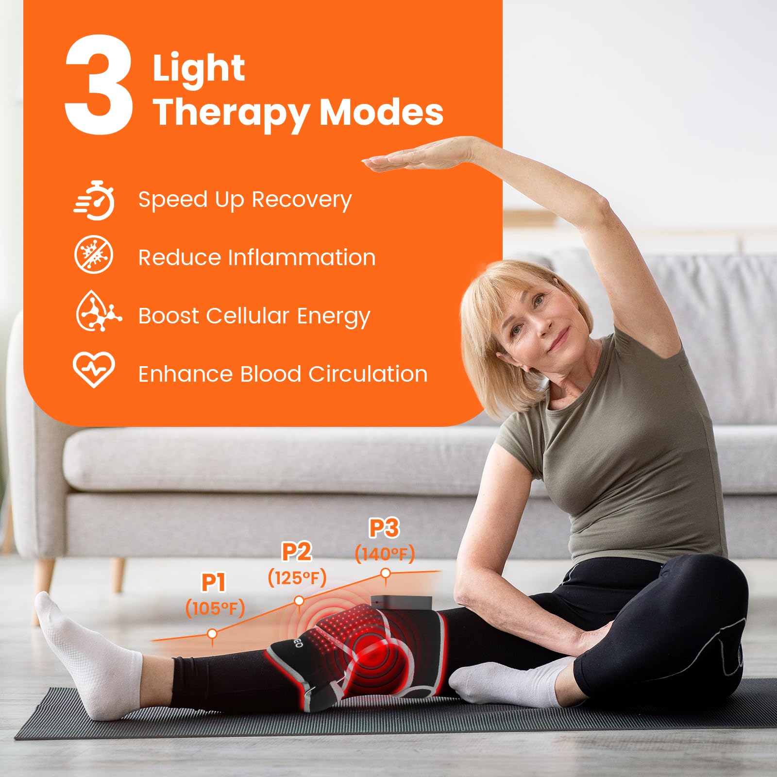 Keneo Rotlichttherapie Kniebandage mit Vibrationsmassage, 660 nm & 850 nm Infrarot-Lichttherapie zur Schmerzlinderung, 3 Wärmestufen, 3 Massagemodi, kabellos & wiederaufladbar (Grau)