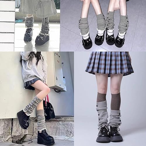 Miniatura 7 de BIFPAST Calentadores de piernas Harajuku con botón de encaje de punto Harajuku estilo japonés Kawaii Lolita gótico acampanado y holgado