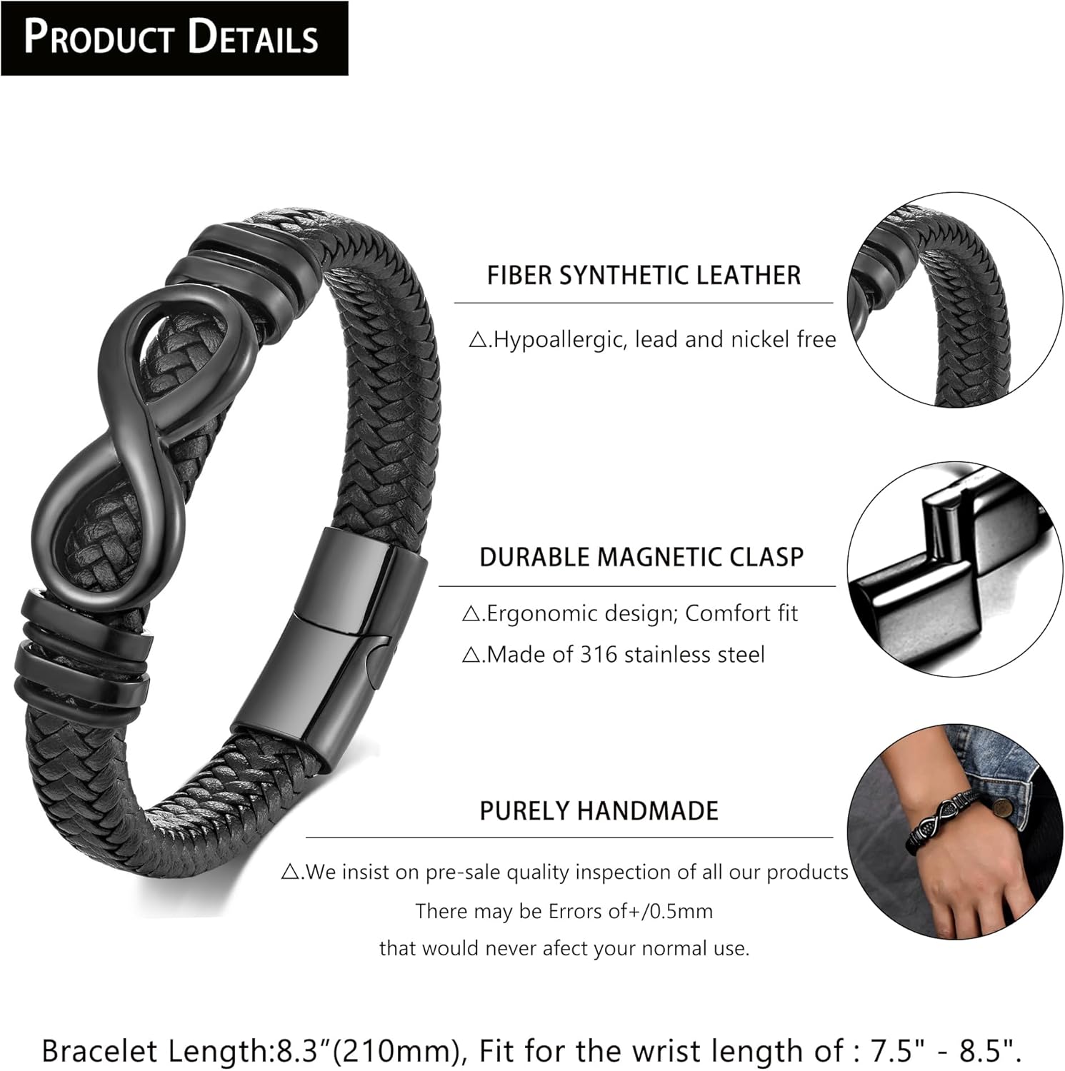 Men's Leather Infinity Bracelet Stainless Steel Number 8 Wristband Cuff Bangle Bracelets Gifts for Men, 8.3 & 9.1 inches - Image 5