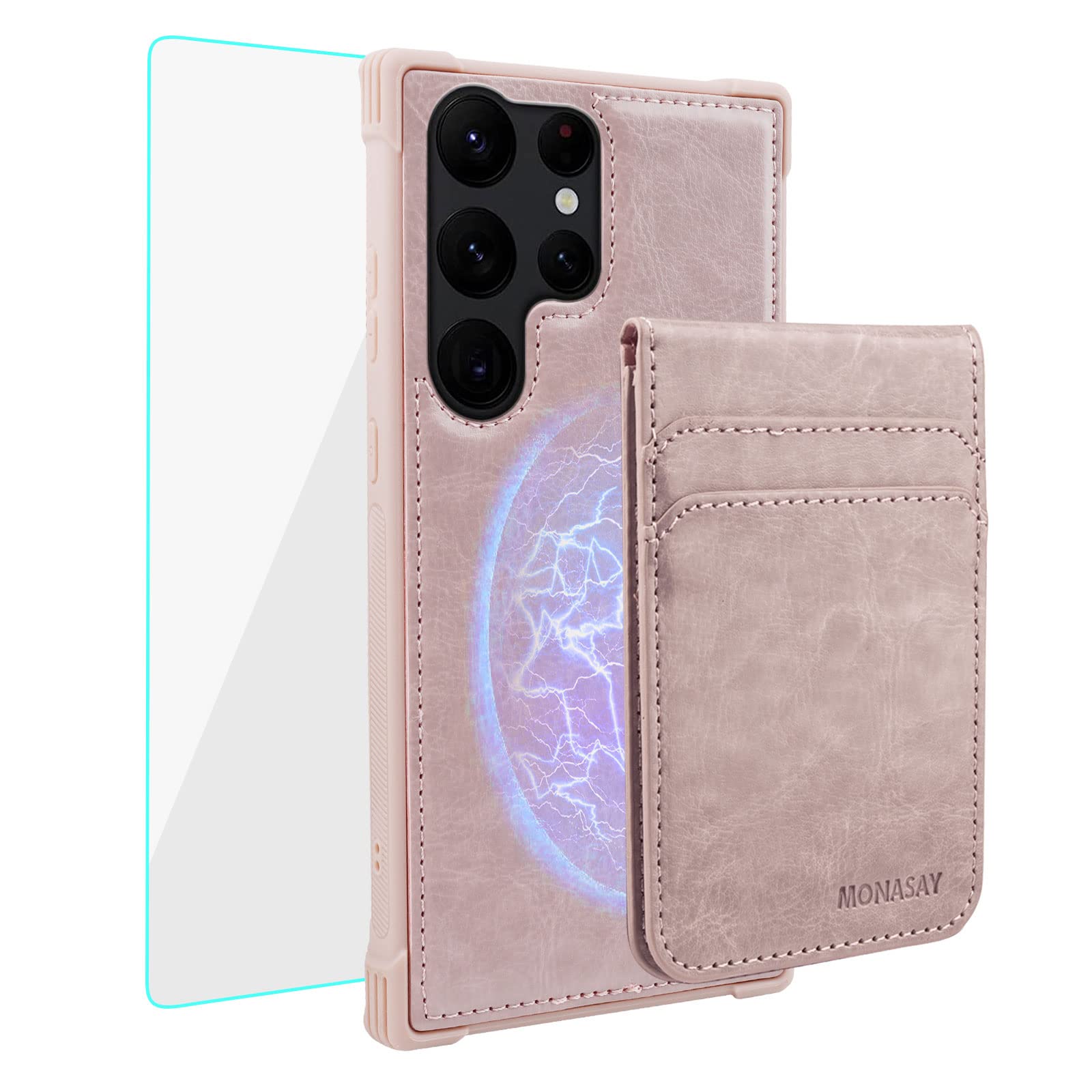 MONASAY Magwallet Case Fit for Samsung Galaxy S23 Ultra, [Wireless Charging] Flip Folio Magnetic Leather Phone Cover with Detachable RFID Blocking Card Holder, Pinksand