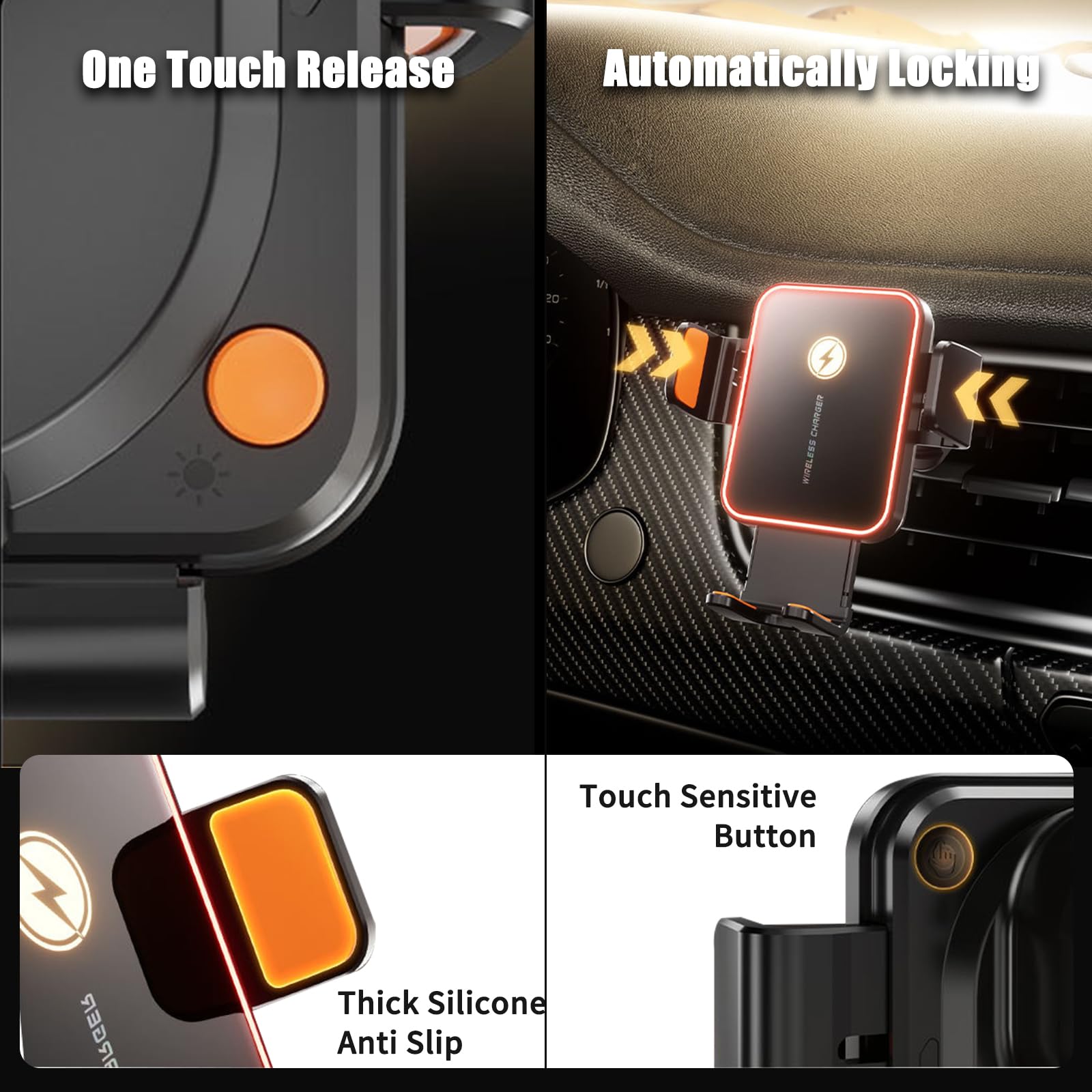 Supporto per cellulare da auto da 15 W, con funzione di ricarica, morsetto automatico, touch, ricarica induttiva, luce RGB, rotazione a 360°, caricatore rapido