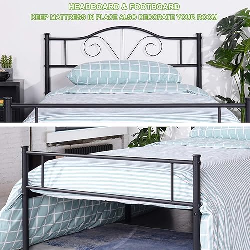 Miniatura 7 de Base de cama de metal resistente tamaño individual, base de colchón de acero, con revestimiento negro, cabecero retro para cama individual, no Negro