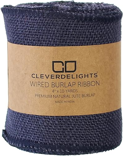 Miniatura 2 de CleverDelights Cinta de arpillera azul marino de 4 pulgadas, bordes con alambre, 10 yardas, tela de arpillera de yute