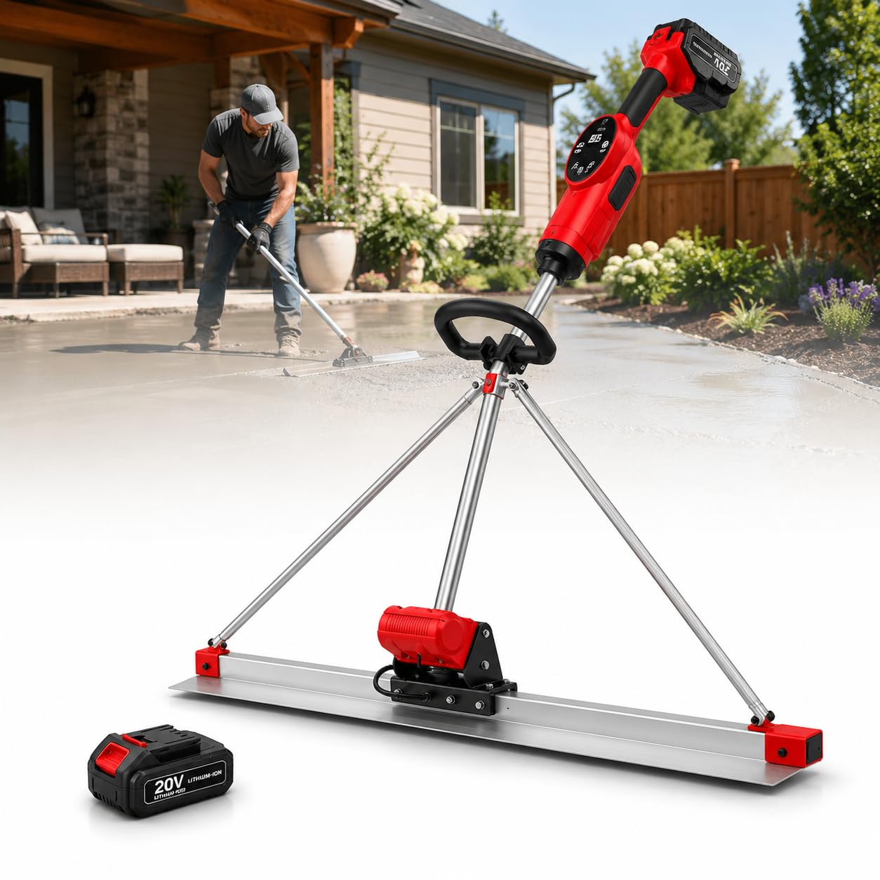 forplubossmmp Battery Powered Concrete Screed Vibratory Kit, 21V Cordless Electric Cement Leveling Tool with 5ft Stainless Board, Tamper Ruler for Wet Concrete Finishing Projects singlebattery
