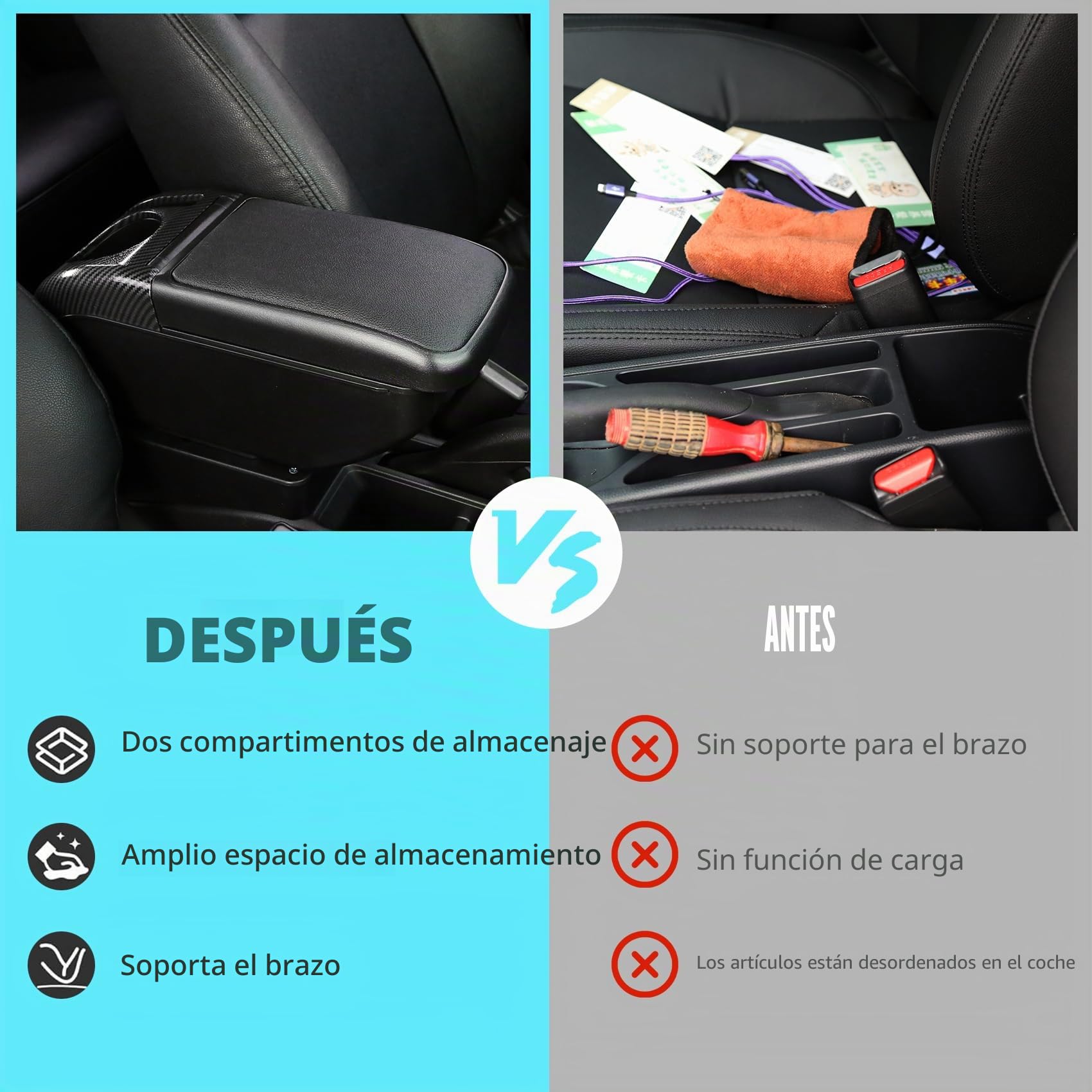 Apoyabrazos Para Citroen C3 MK3 2016-2024 Apoyabrazos Coche Consola Reposabrazos Central Almacenamiento Negro Cuero Tapizado Caja