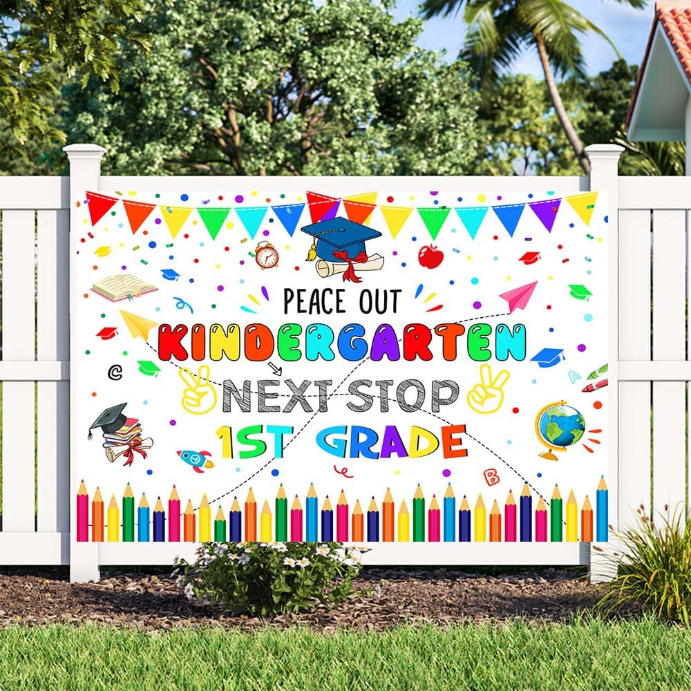 AIBIIN 7x5ft Kindergarten Graduate Backdrop Peace Out Kindergarten Next Stop 1st Grade Photography Background White Congrats Kindergarten Graduation Class Of 2025 Party Decorations Photo Studio Props