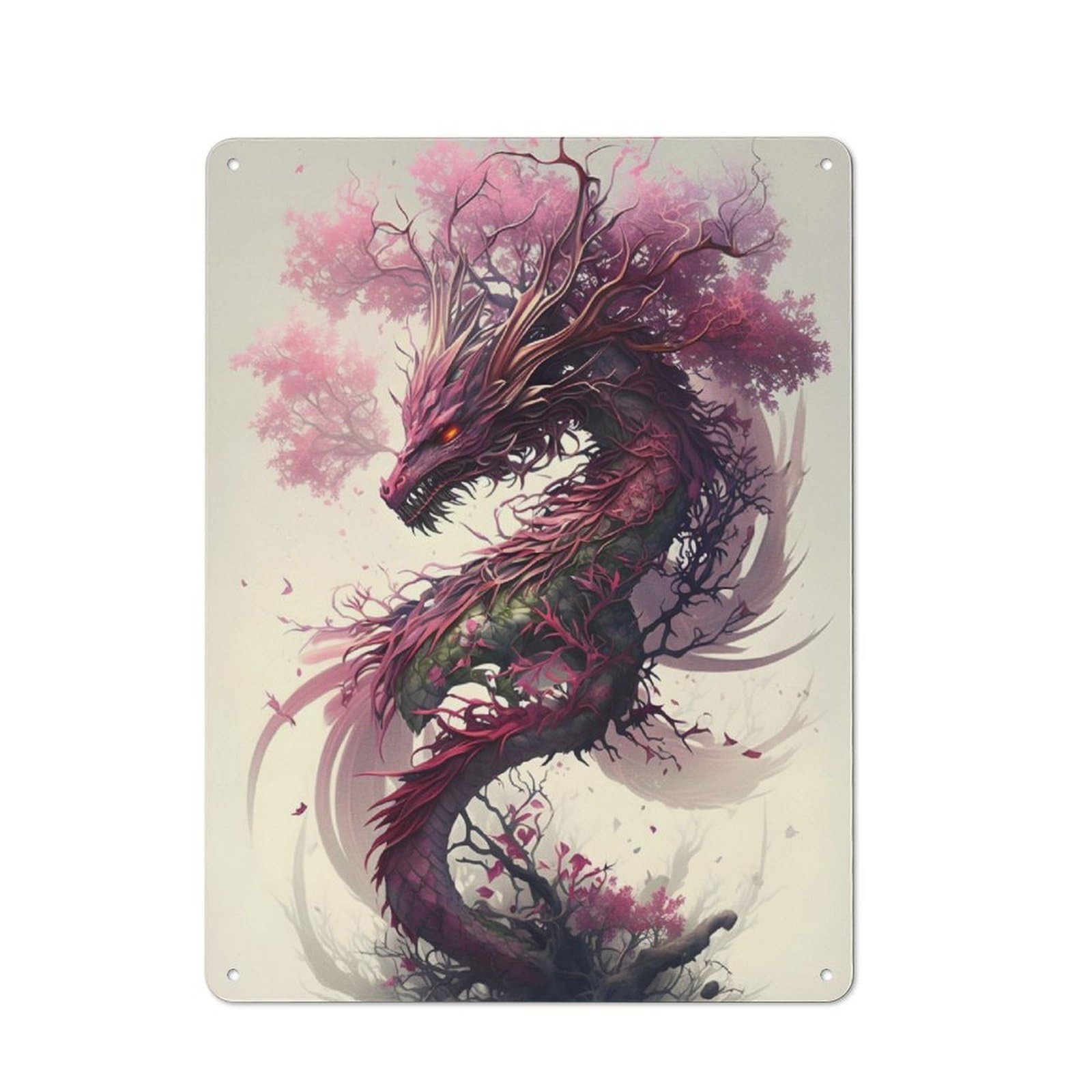 Vintage Tin Sign with Sakura Dragon Design 40x30cm, Nostalgic Nostalgic Wall Art for Living Room, Hallway, Kitchen Or Cafe