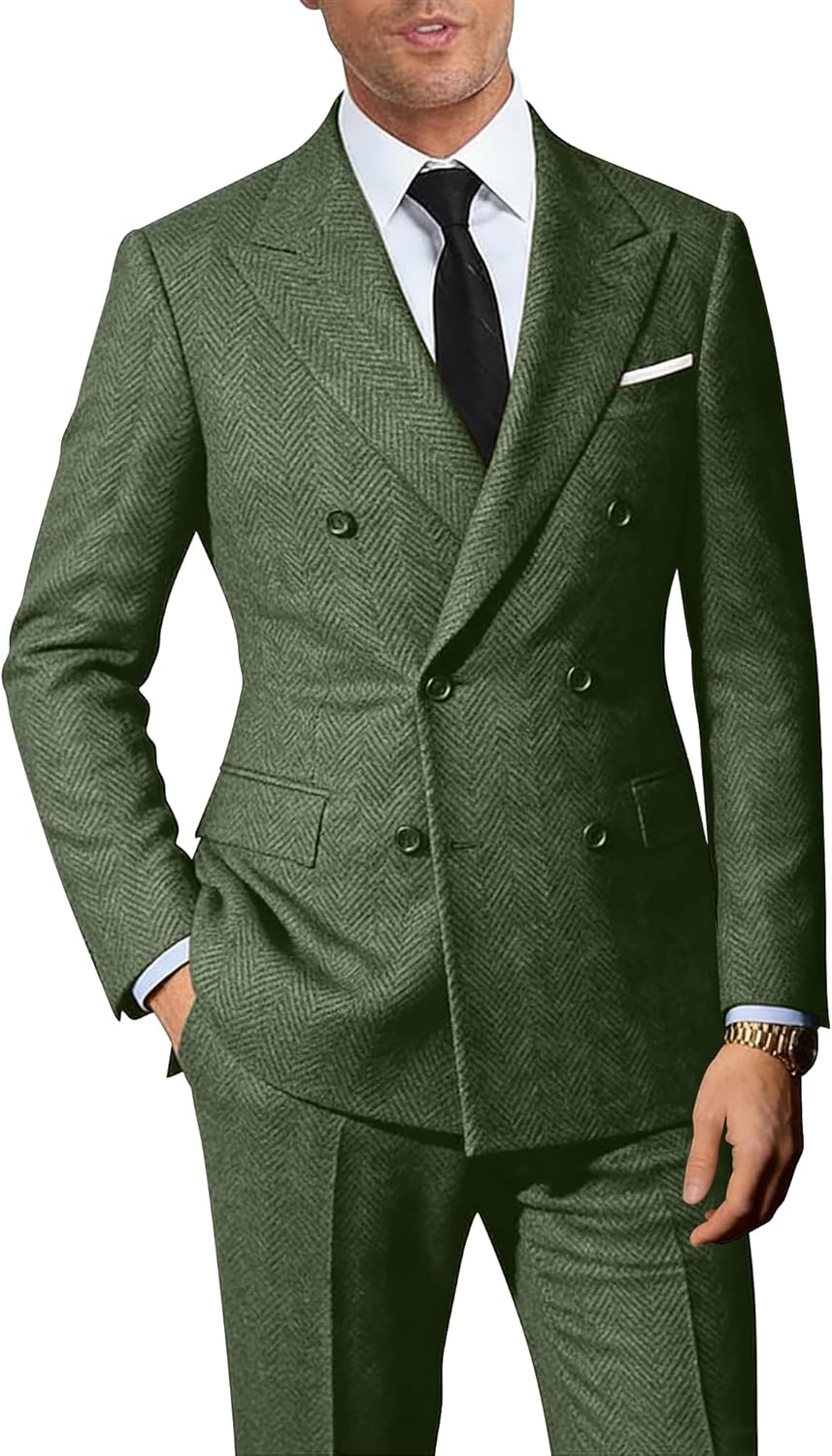 Men Suits Retro 2 Piece Tweed Herringbone Suit Double Breasted Mens Wool Jacket Pants Set Groom Wedding Prom Tuxedo