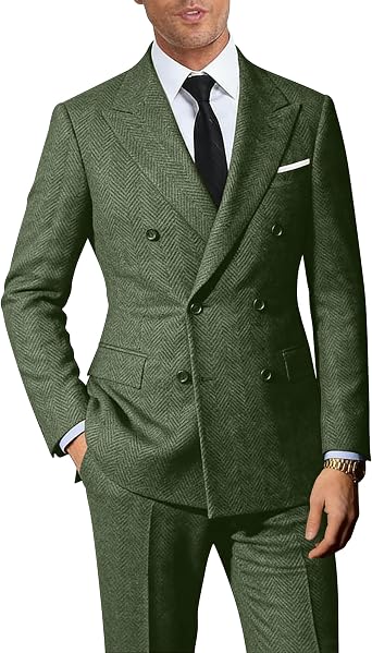 Men Suits Retro 2 Piece Tweed Herringbone Suit Jacket Pants Set