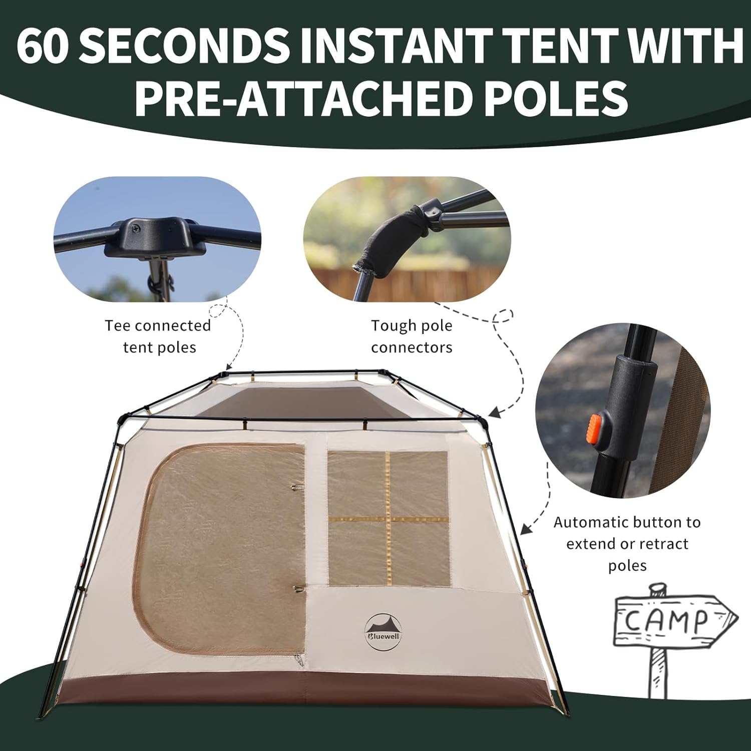 Bluewell 4 Person Easy Setup Camping Tent,Waterproof Tent for Family Camping, Big Tents for Outdoor Camping，with Carry Bag