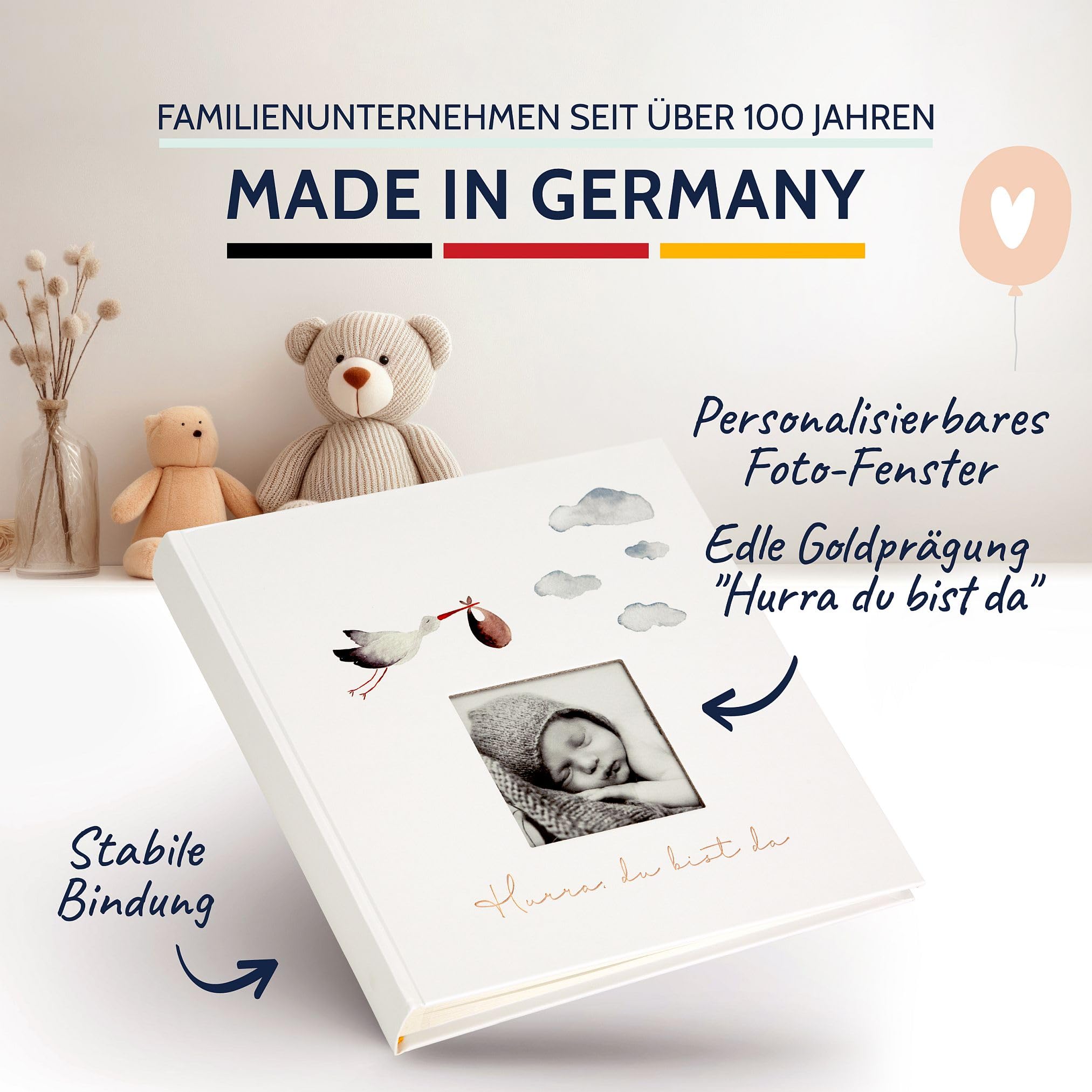 goldbuch 15 474 Babyalbum Hurra - Du bist da!, Babybuch 30 x 31 x 4 cm, Foto Album, 58 weiße Blankoseiten, 4 illustrierte Seiten, Einband aus Kunstdruck mit Goldprägung, Unisex, Fotobuch Weiß