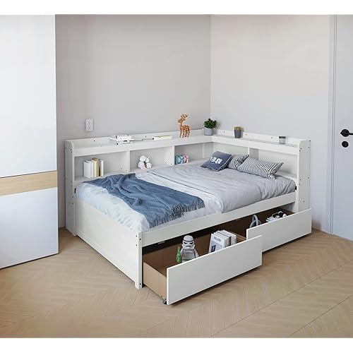 DEINPPA Full Size Platform Bed with L-Shaped Bookcase and 2 Drawers, Wooden Captain Bed Frame with Bookcase Headboard for Kids Teens Adult Boys Girls, No Box Spring Needed, White