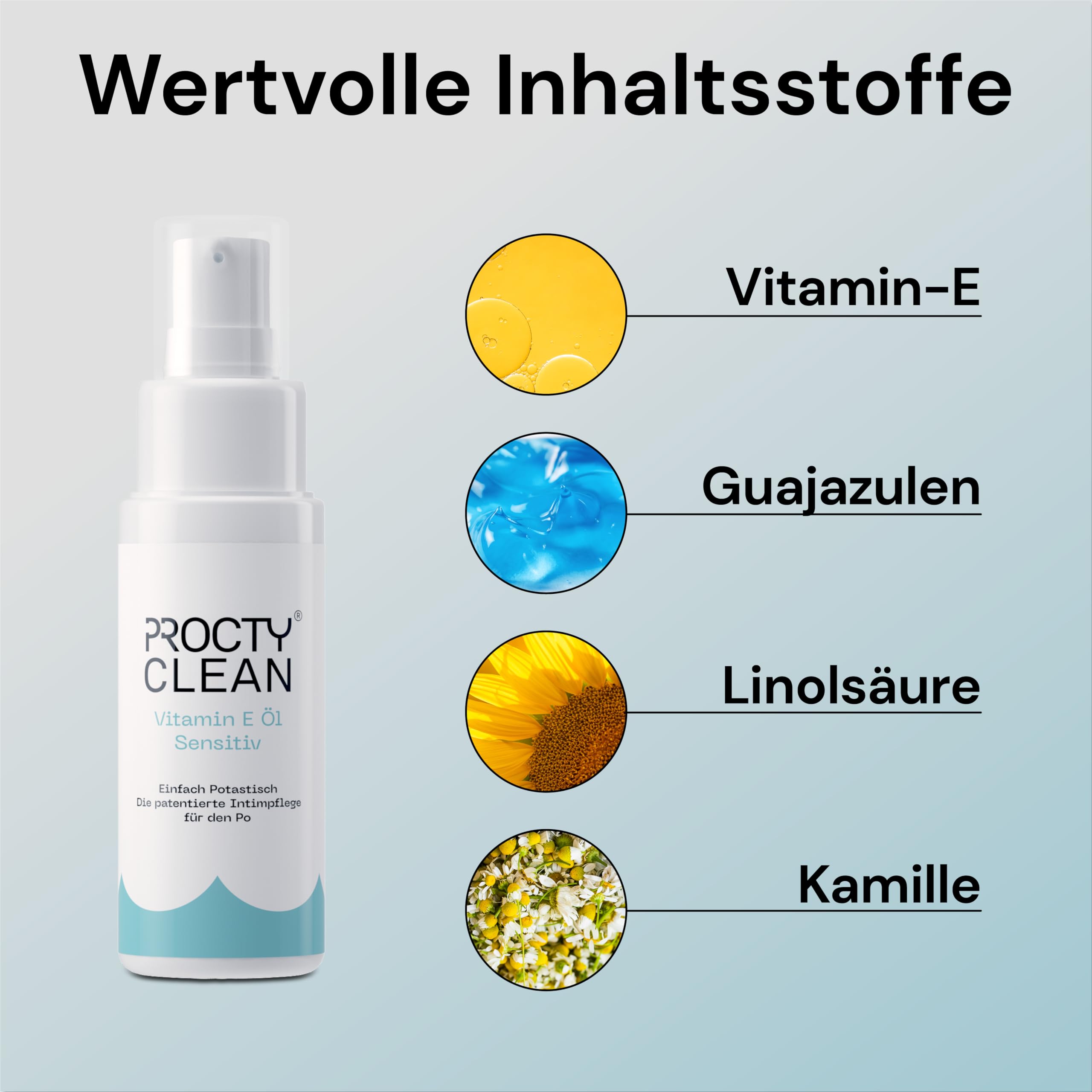 ProctyClean Vitamin-E-Öl für den Po! Alternative für Hämorrhoiden Salbe, feuchtes Toilettenpapier, Salbe für Analfissur, Po Dusche. Intimpflege Damen, Männer. Bei Hämorrhoiden, Entzündungen