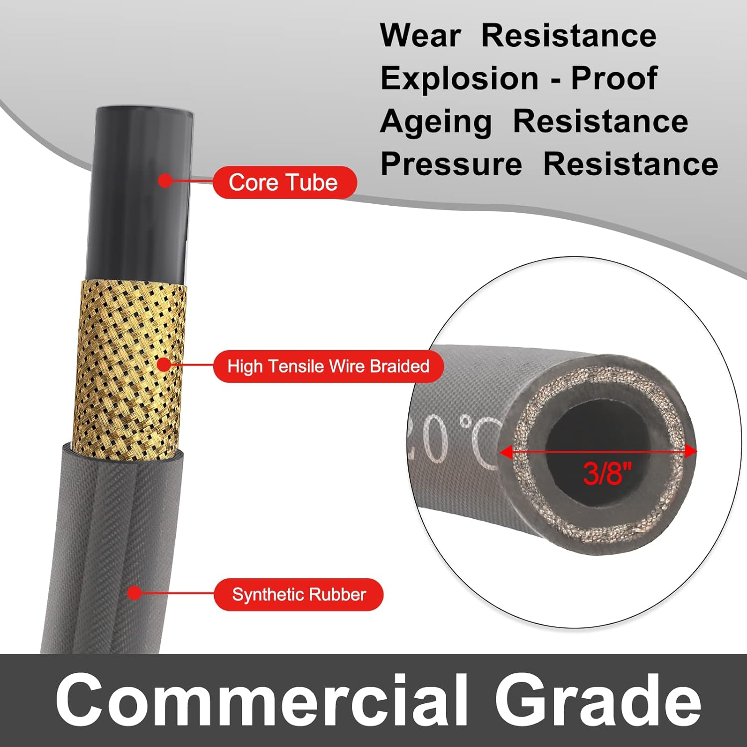 3/8'' Pressure Washer Hose 100 FT, Hot and Cold Water Power Washer Hose Max 248°F, Commercial Industrial Grade Steel Wire Braided Kink Proof Extension Hose with 3/8 Quick Connect -4800 PSI