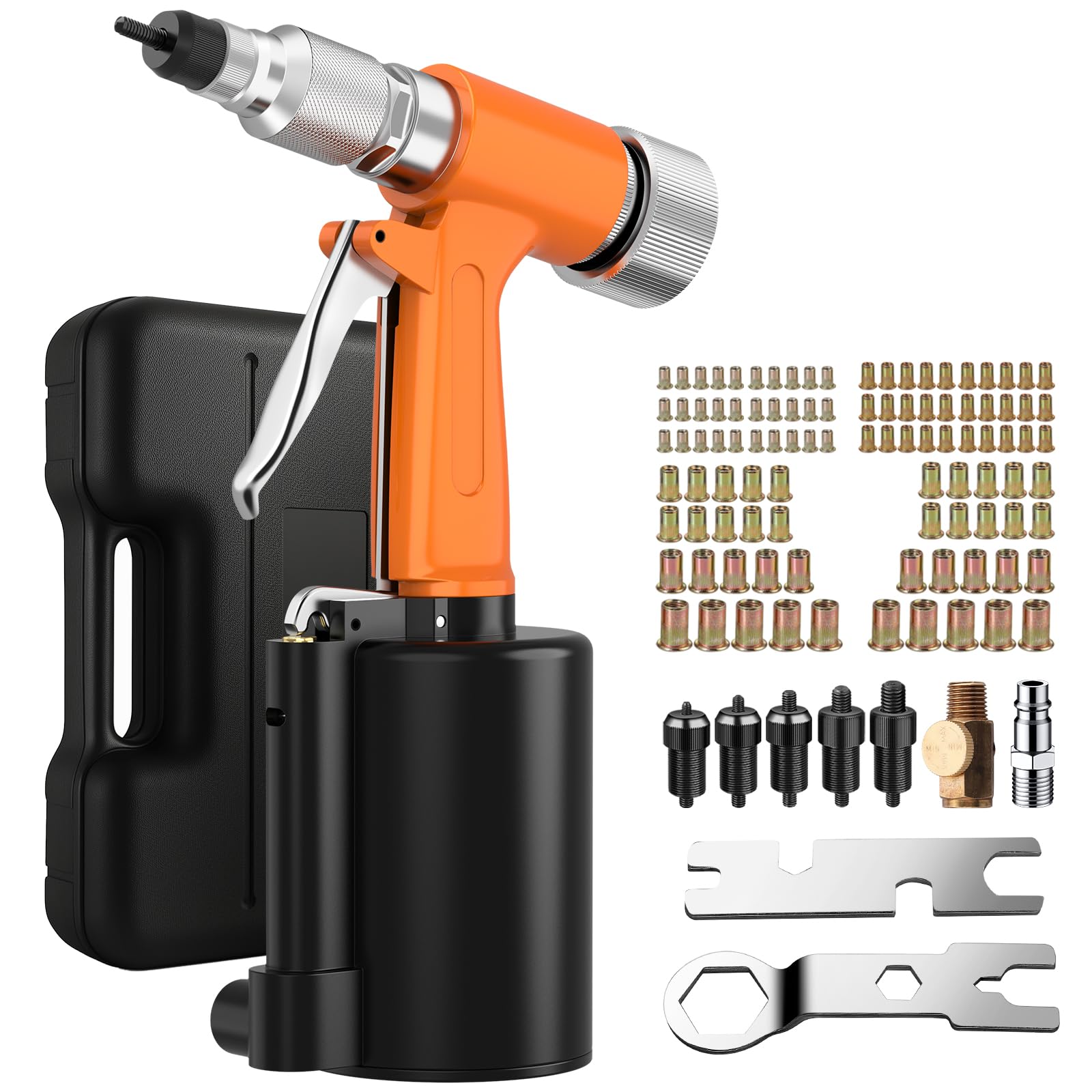 Proster Rivettatrice Pneumatica con 100Pz Inserti Filettati 1/4" Rivettatrice ad Aria Professionale per Rivetti M4 M5 M6 M8 M10 Pistola a Rivetto ad Aria per Decorazione Fabbricazione Macchine-arancia