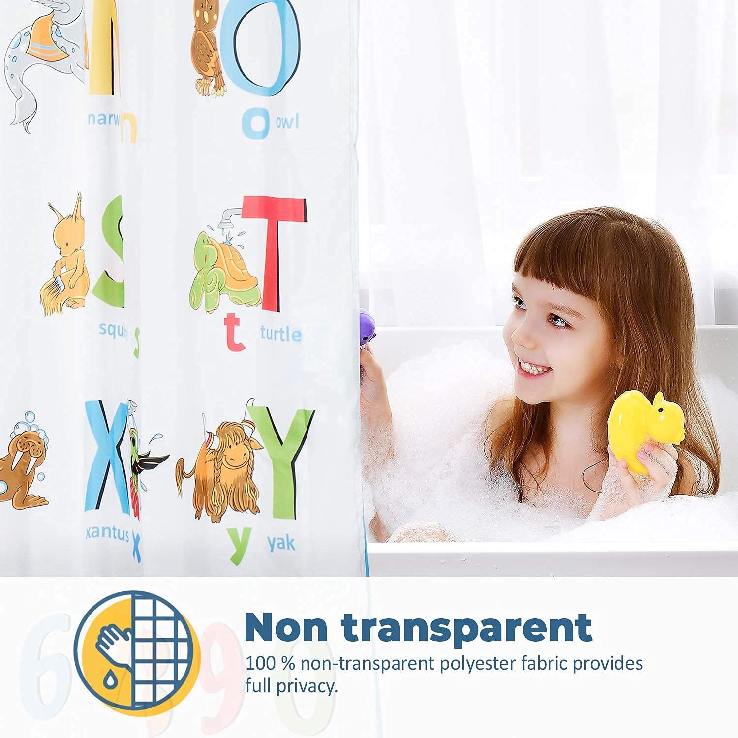 HappyShower Animals ABC Alphabet Shower Curtain for Kids, Educational Booklet Included, 72x72in, Colorful Children's Bathroom Decor, Polyester Fabric, Colored Drawings,12 Hanging Hooks Included