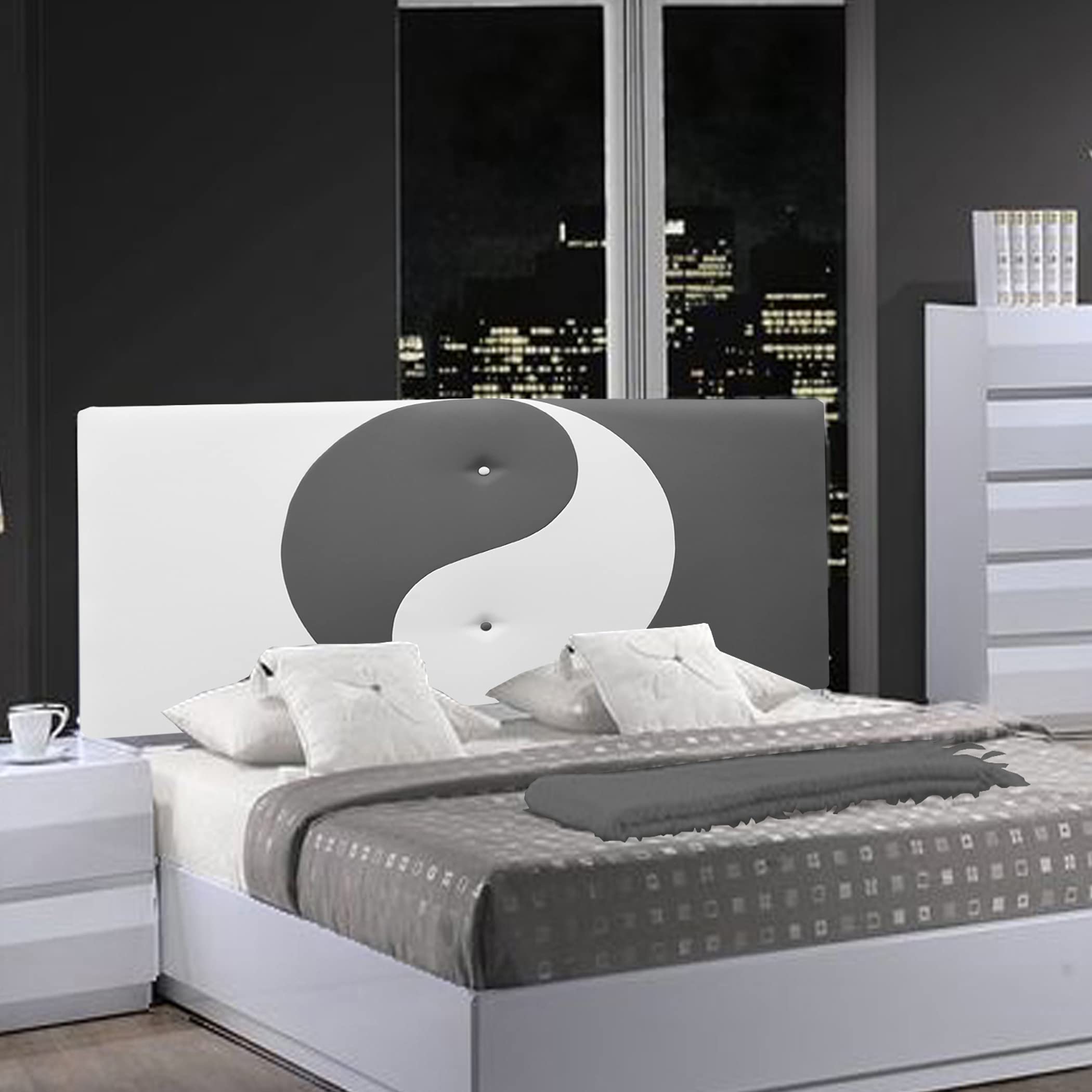 ONEK-DECCO Cabecero de Cama Mod.Ying Yang tapizado en Polipiel,Acolchado de Espuma Varias Medidas y Colores,Cabezal niños, Juvenil y Cama Matrimonio (90x70, Blanco-Gris)