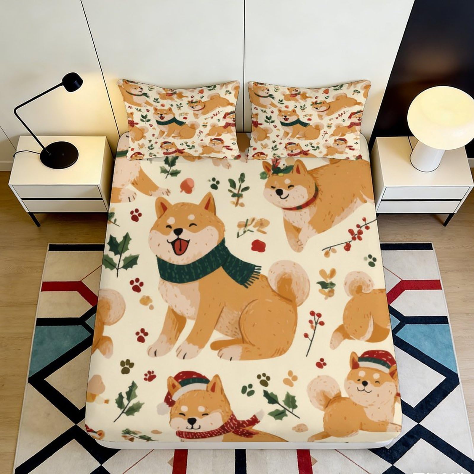 3D Printed Shiba Inu Dog Fitted Sheet Microfiber Cartoon Animal Bed Cover Non Slip Machine Washable Bedroom Decor 90x200x25cm