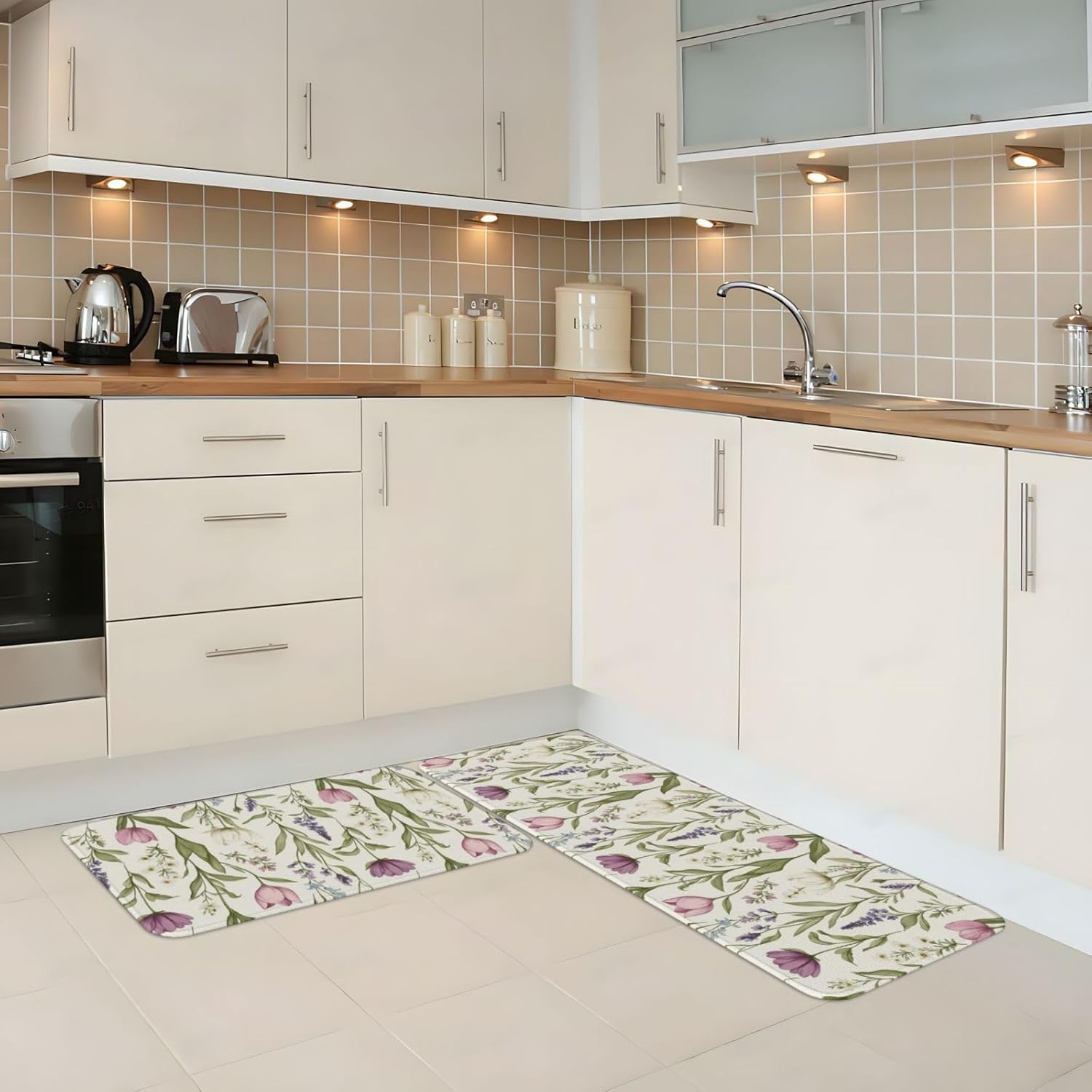 Purple Flowers (A) Print Kitchen Rugs Sets of 2 Non Slip Washable, Anti Fatigue Kitchen Mats for Floor, Home Decor