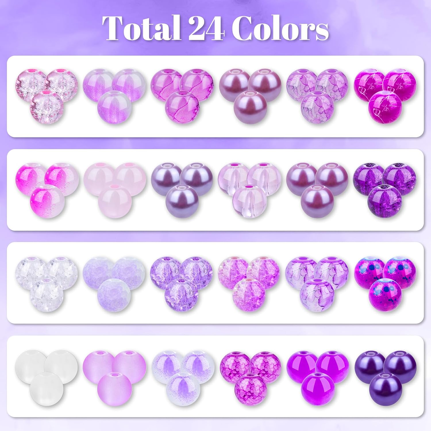 PAXCOO 720pcs Glass Beads for Jewelry Making 8mm, 24 Colors Bead Bracelet Making Kit Purple Round Loose Beads for Bracelet Earring Necklace Jewelry Making Supplies - Image 3