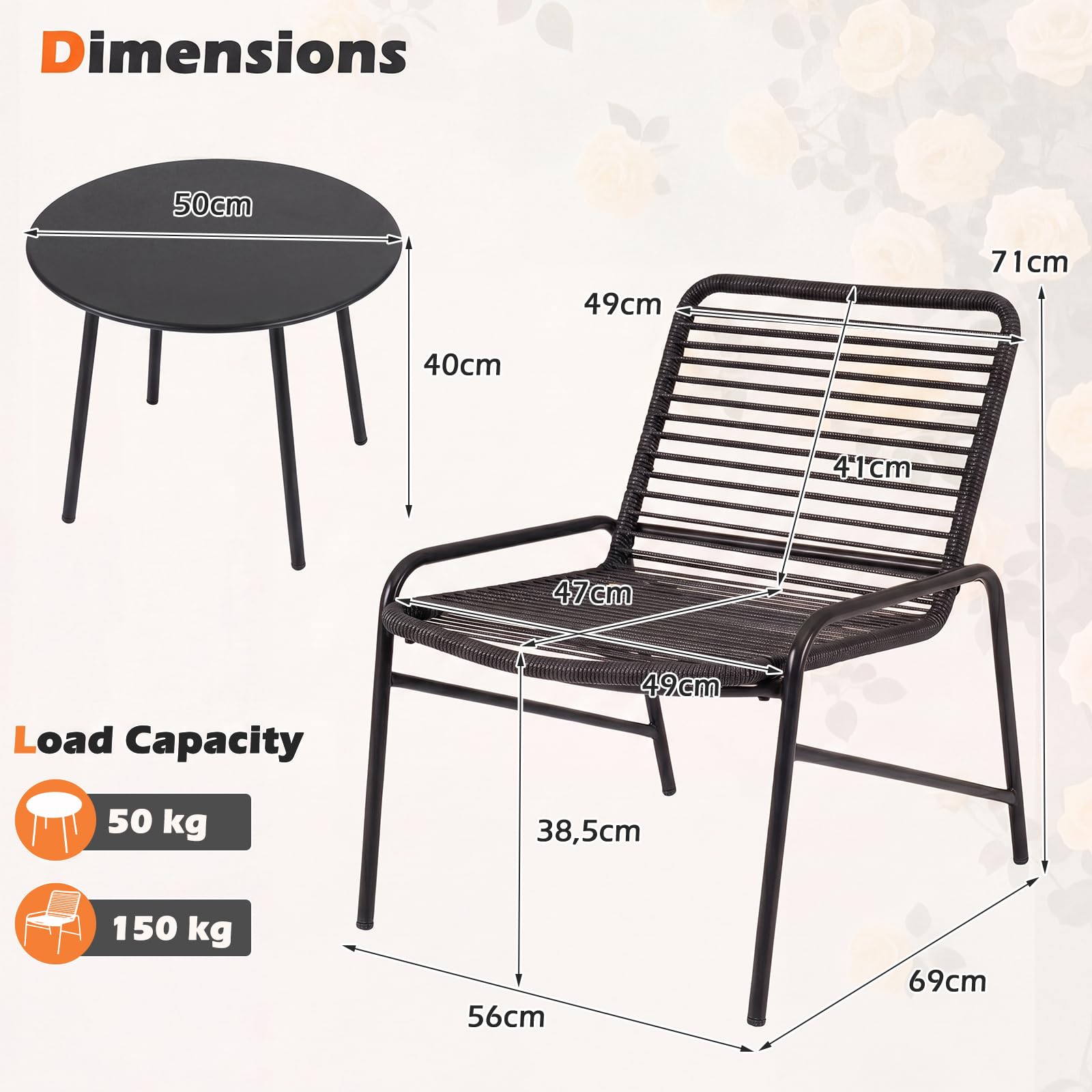 RELAX4LIFE Set di mobili da giardino in rattan, 3 pezzi, con tavolino rotondo e 2 poltrone in vimini, sedie da pranzo in metallo, per patio, veranda, salotto, cortile, piscina