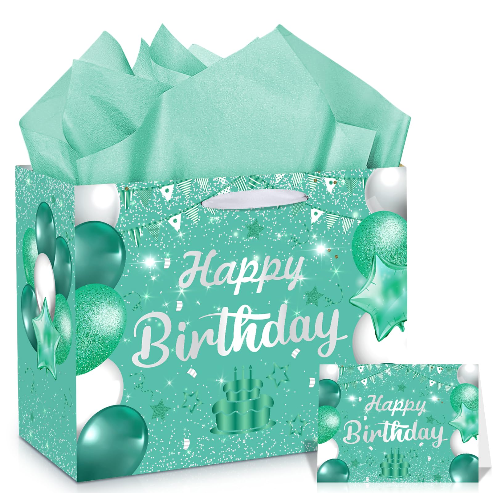 Teal Birthday Gift Bag with Tissue Paper and Greeting Card, 11.8'' Teal Silver Happy Birthday Wrap Bag for Kids Adults Sweet Anniversary Party Decorations Goodie Wrapping Bag Presents Decor Supplies