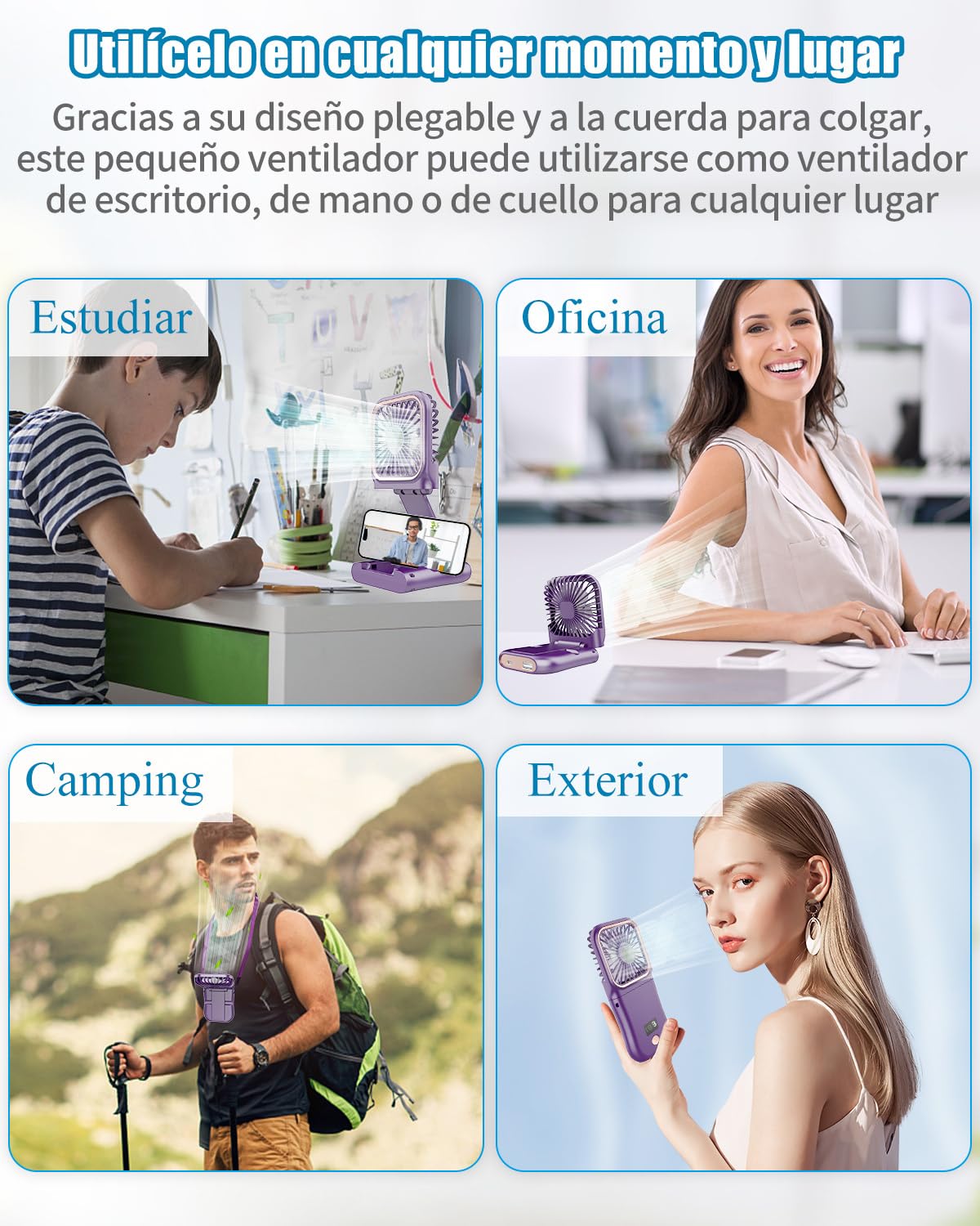 DDKJ Ventilador de Mano Recargable,Plegable 180° Ajustable,3 Velocidades,7 Horas,Pantalla Digital,Mini Ventilador Portatil para Viajes/Oficina/Actividades al Aire Libre-Morado