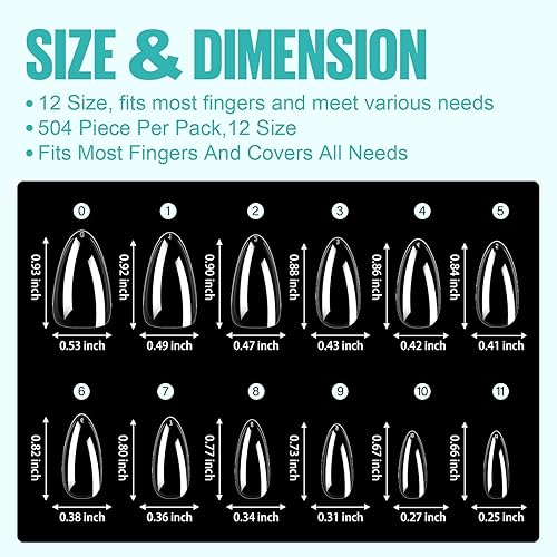 Miniatura 7 de TOMICCA Puntas de uñas de almendra, 504 puntas de uñas transparentes de almendra, uñas postizas de cobertura completa para extensiones de uñas, arte