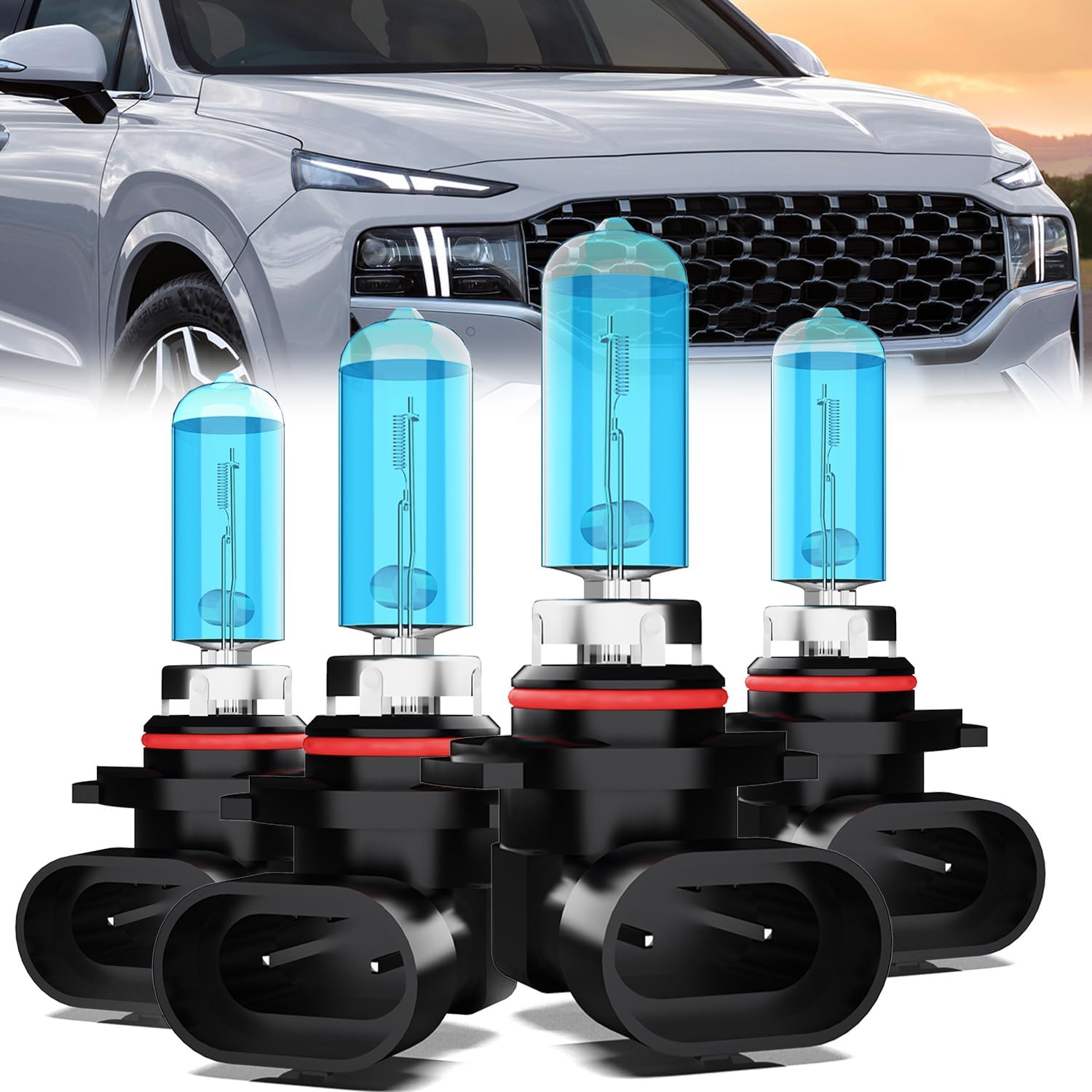 Headlight Bulbs Compatible With Hyundai Santa Fe 2019-2020, 9005 High Beam + 9005 Low Beam Halogen Light Bulb Combo, Super Bright 6000K White, Plug and Play, Pack of 4
