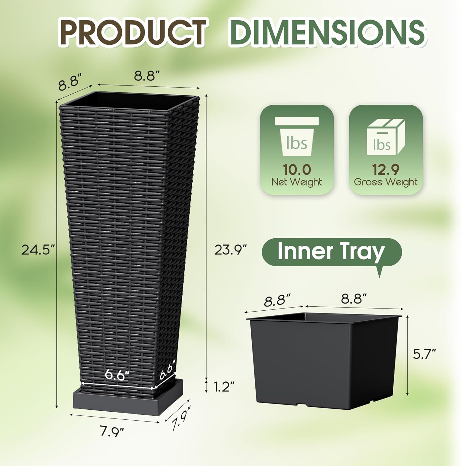 Set of 2 24 Inch Tall Plastic Planters with Drainage Saucers, Rattan Pattern UV Resistant Indoor Outdoor Flower Pots for Patio Garden Balcony Decor, Black