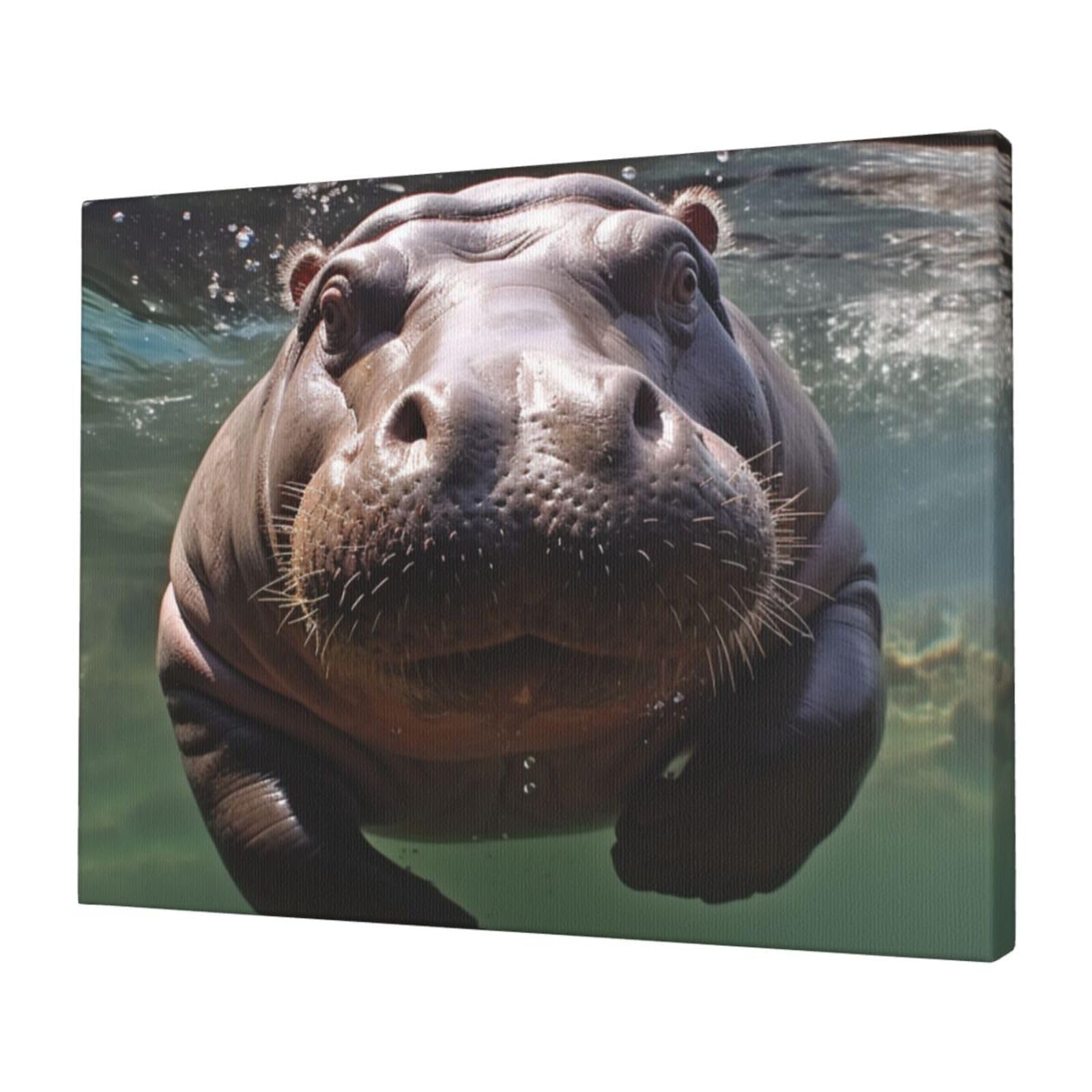 KLOPH Diving Hippo Canvas Wall Art for Living Room 12"x16" Modern Artwork Painting for Bathroom Hanging Canvas Prints Aesthetic Wallart for Bedroom Kitchen Office Wall Decor