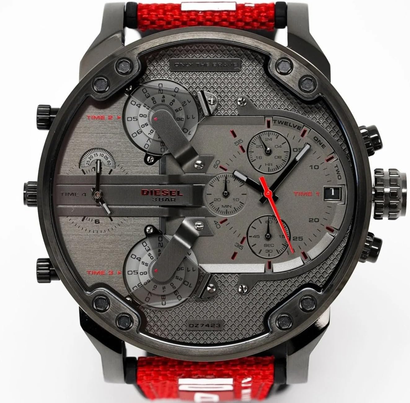 Diesel Mr. Daddy 2.0 Men's Watch with Oversized Chronograph Watch Dial and Stainless Steel, Silicone or Leather Band Red/Gunmetal