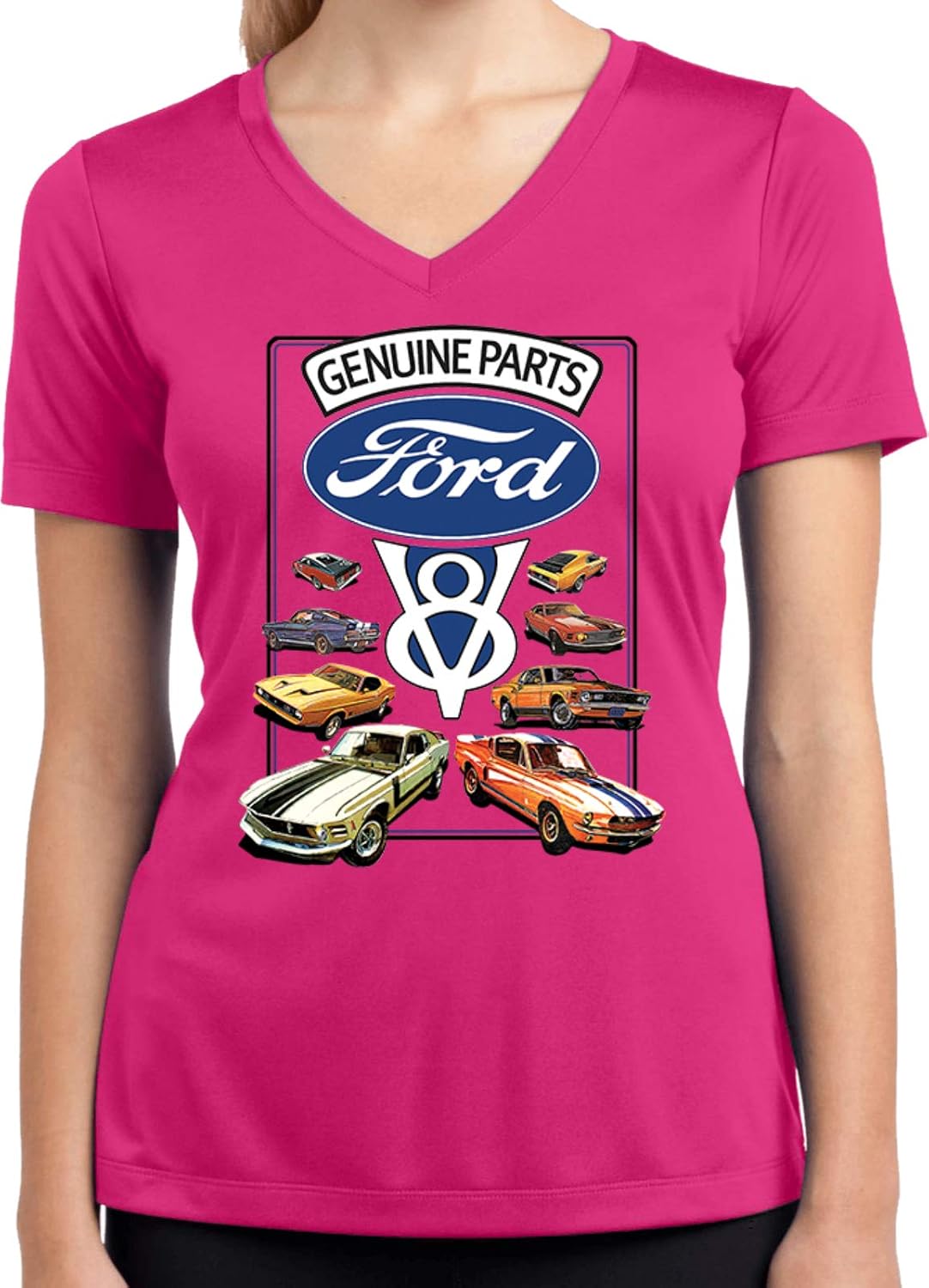 Ladies Ford Mustang T-Shirt V8 Collection Moisture Wicking V-Neck