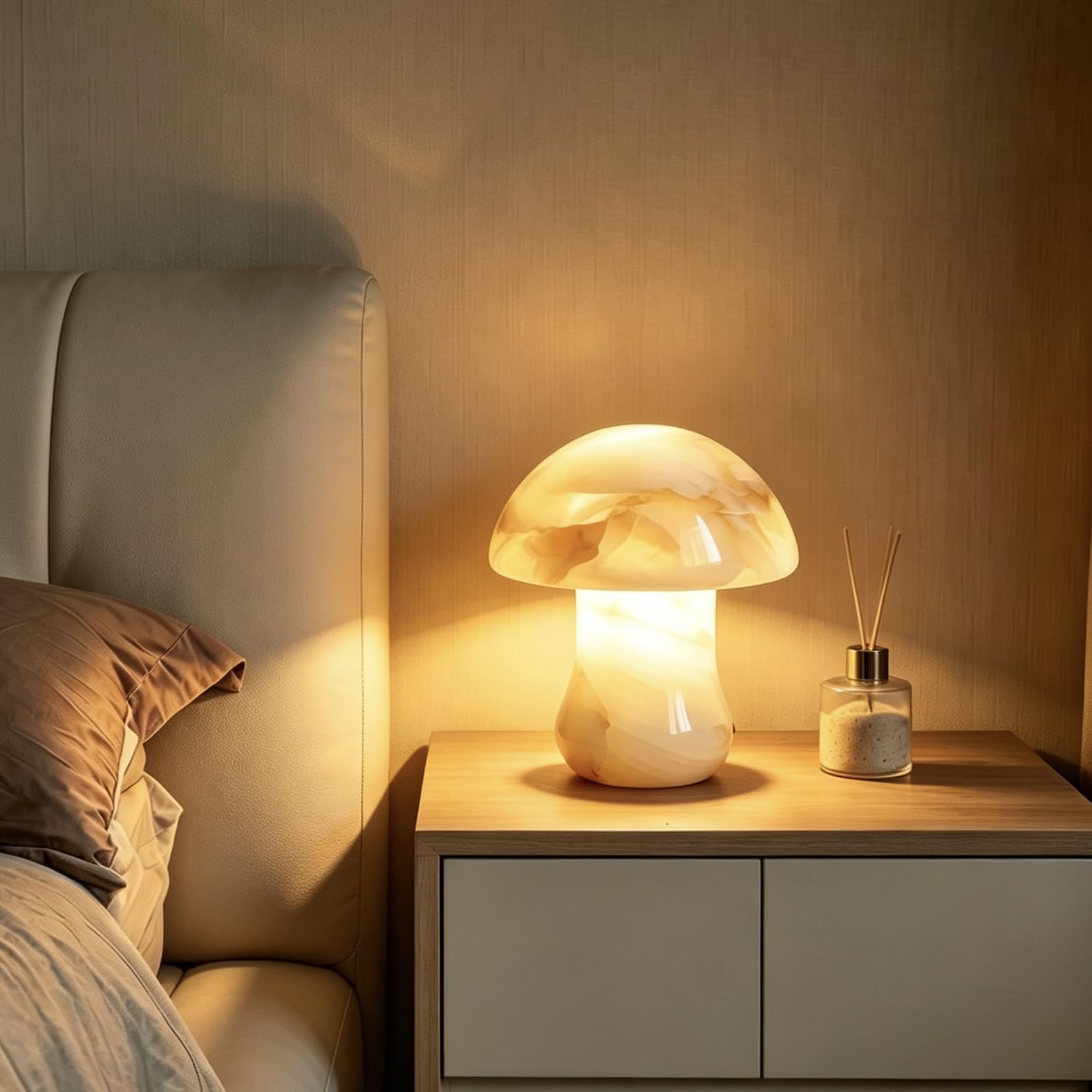 Pilzförmige Lampe aus Naturmarmor, kabelloses Nachtlicht in Pilzform, drei Farbtemperaturen, einstellbare Helligkeit, geeignet für Wohnzimmer, Schlafzimmer und Büro