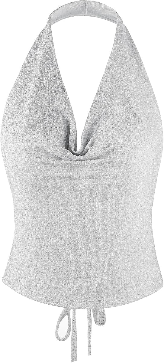 Women Halter Top Sparkly Sexy Backless Crop Top Party Club Rave Festival Outfit Draped Front Night Going Out Vest Tops Metalic Silver