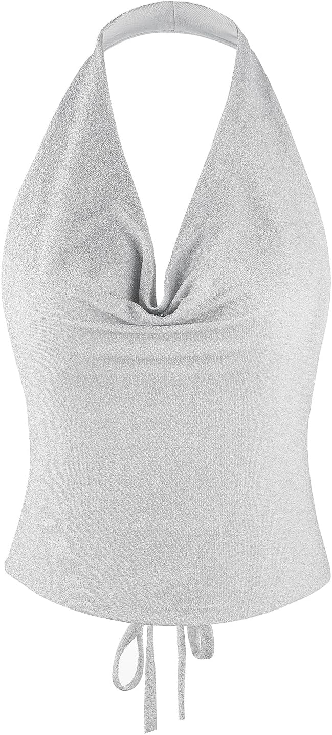 Women Halter Top Sparkly Sexy Backless Crop Top Party Club Rave Festival Outfit Draped Front Night Going Out Vest Tops Metalic Silver