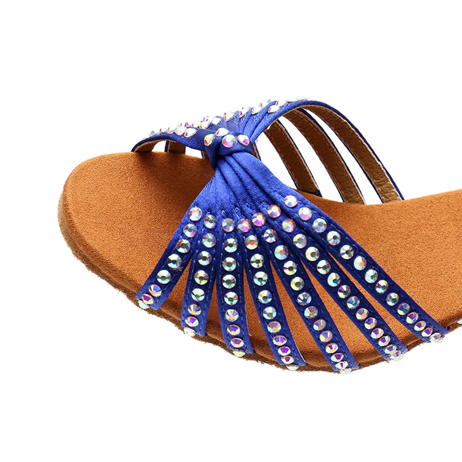 Nowe buty do tańca latynoskiego z diamentową wkładką dla kobiet dorosłych na środkowym obcasie miękka podeszwa buty do tańca wysokie obcasy z diamentowymi butami do tańca Cha-cha, A436 niebieski obcas