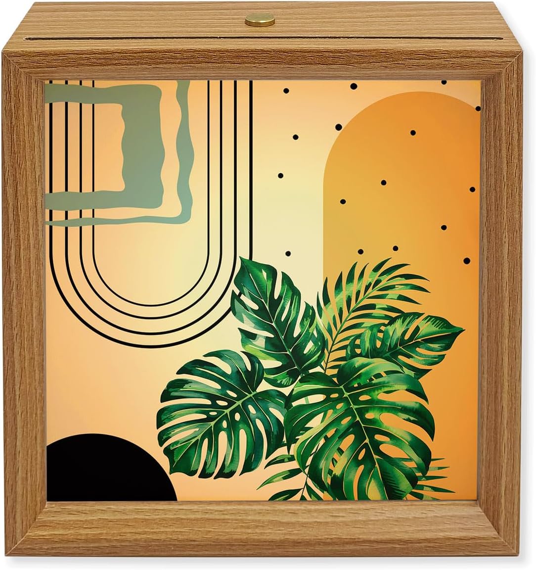 Wood Night Light Box Green Palm Leaves Wooden LED Night Lights with USB Rechargeable Dimmable Touch Table Light Bohemian Geometric Lines Wood Picture Frame Lamp for Bedside Desktop Display Home Decor