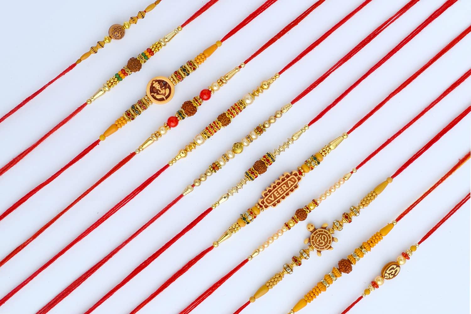 Rakhi for brother | Rakhi Set of 12 for Brother | Rakhee Bracelet on Festival of Raksha Bandhan for Brothers | Made by fine Threads Rudraksha Kundan Multicolored Stone and Small White Beads