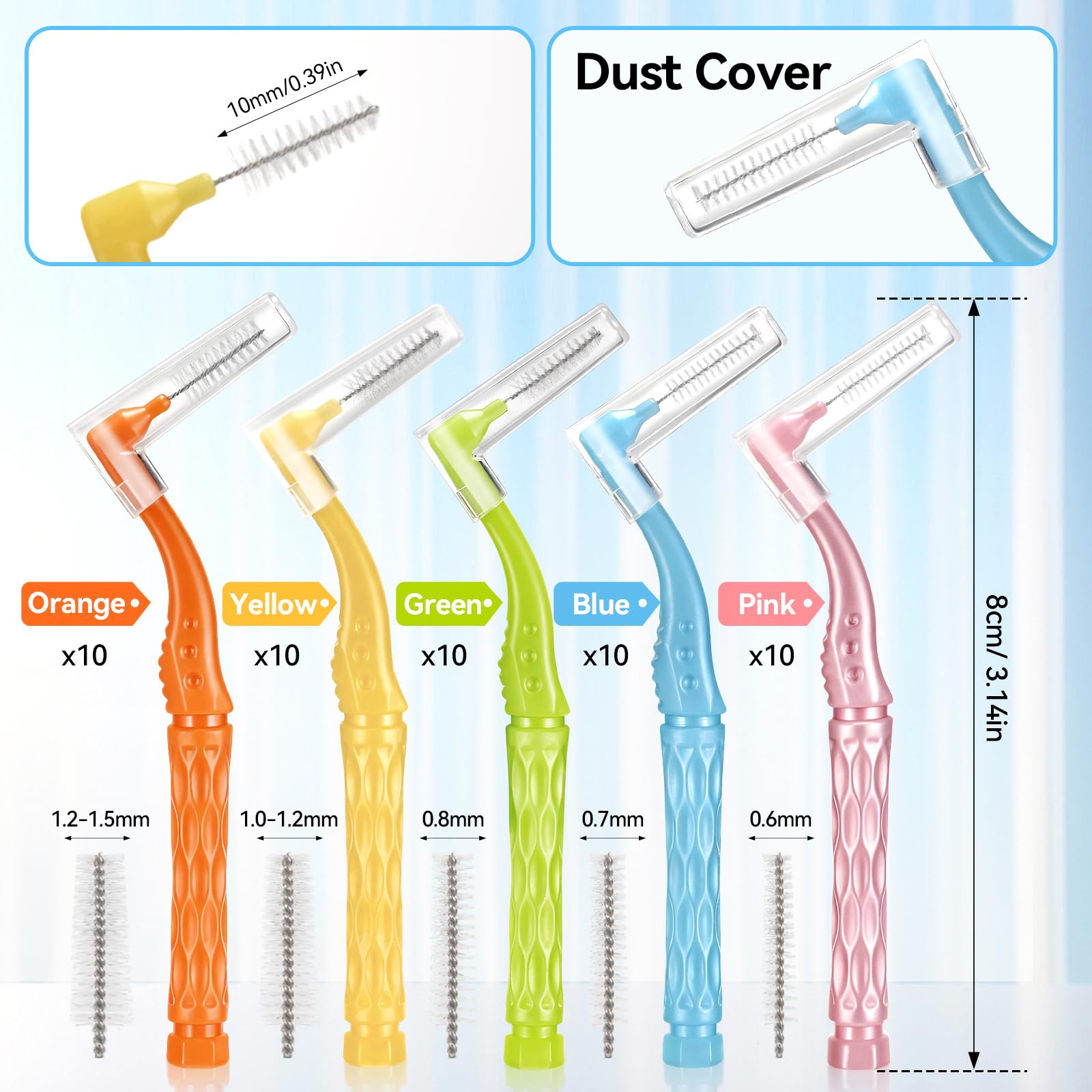 50 Pezzi Scovolini Dentali, 5 Colori e 5 Misure Angle Scovolino Denti, Spazzolini Interdentali Morbido con Coperchio per Pulizia Denti Rimuove la Placca Batterica
