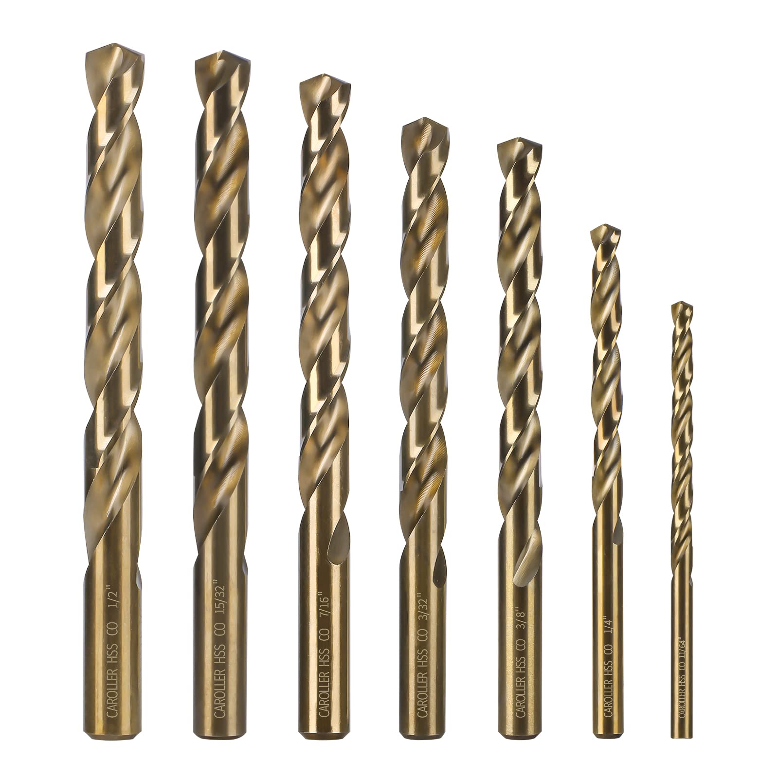 CaRoller - Set di 29 punte per trapano, in acciaio cobalto M35 (1/16" - 1/2" X 64ths), gambo rotondo a 135 gradi con tre piatti