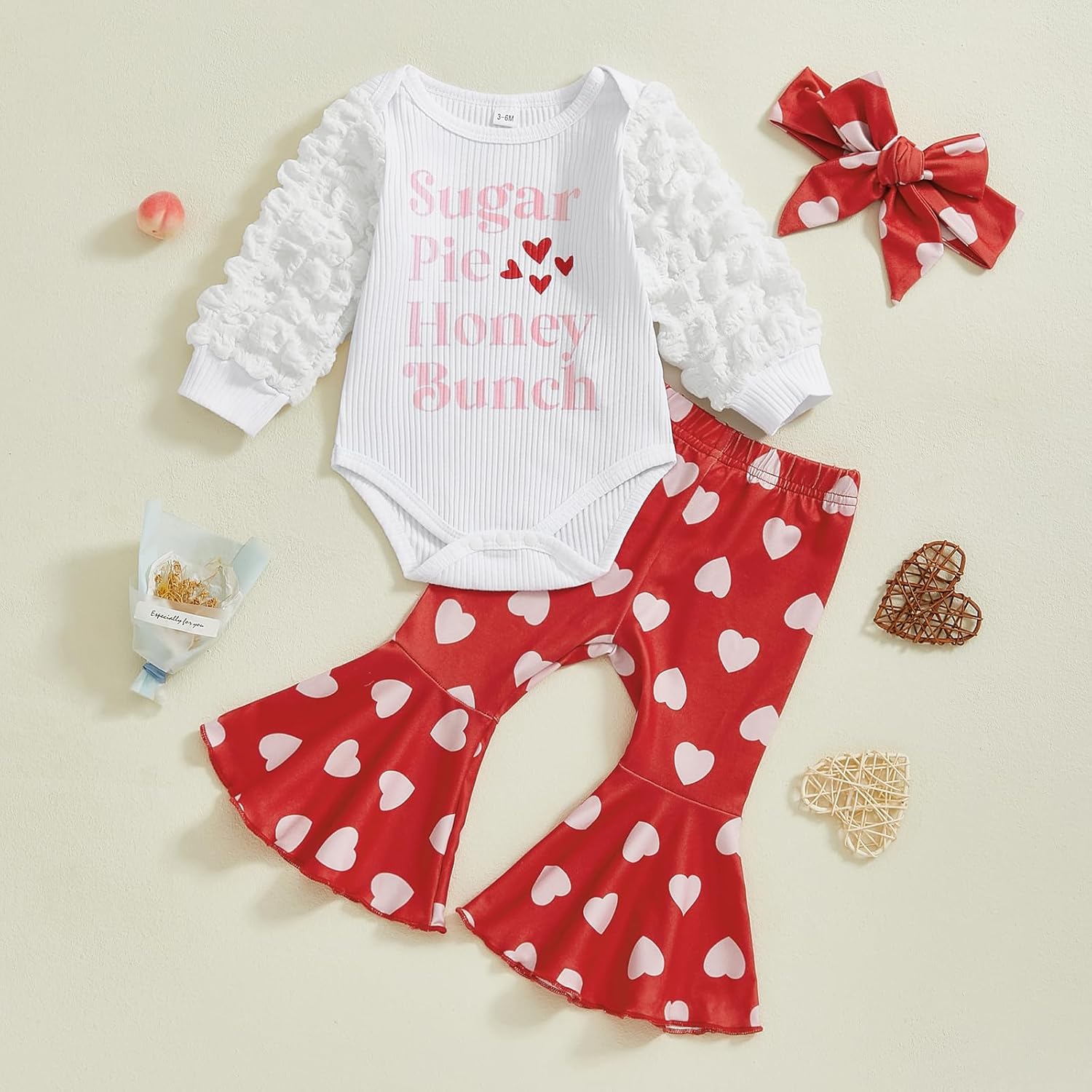 Karuedoo Newborn Baby Girl Valentines Outfit Letter Print Puff Sleeve Romper Heart Bell Bottom Pants Headband 3Pcs Set - Image 2