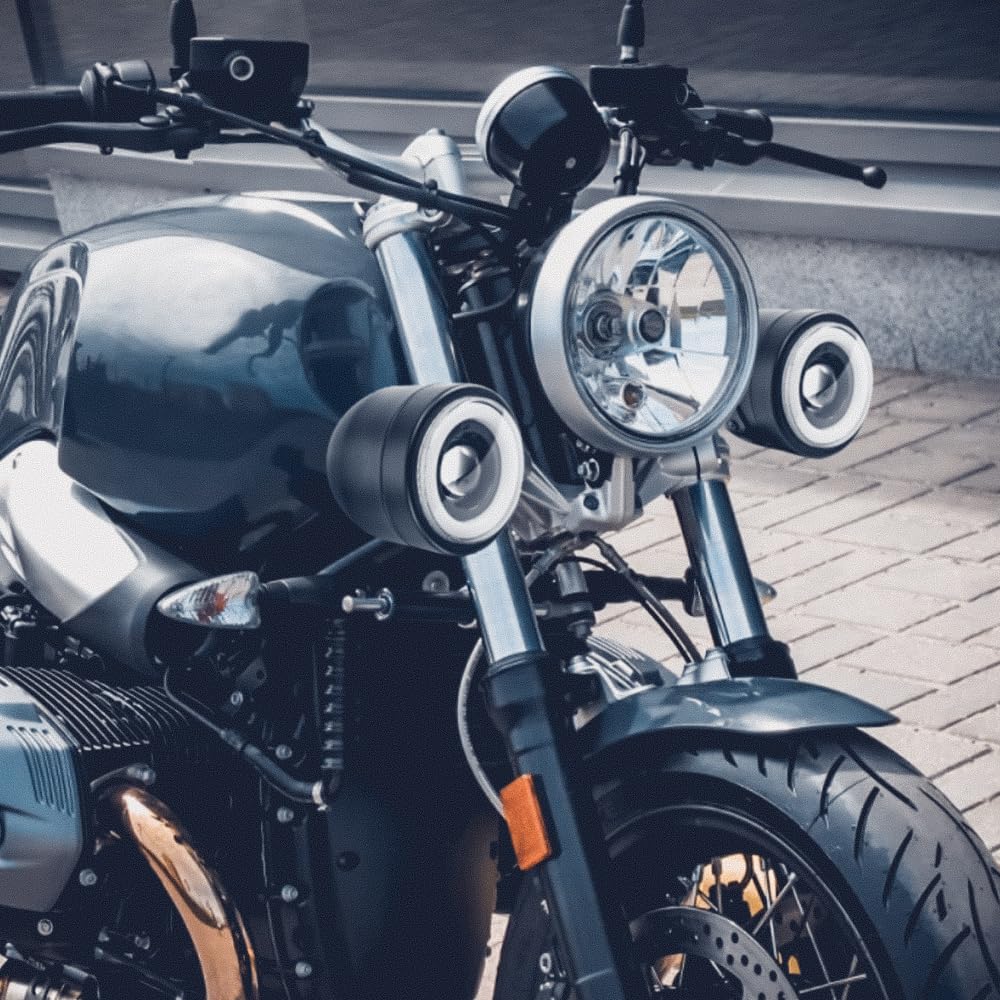 runde Motorrad Doppelscheinwerfer Nebelscheinwerfer Motorrad Motorradscheinwerfer für Bobber Street Cafe Racer (Schwarz)