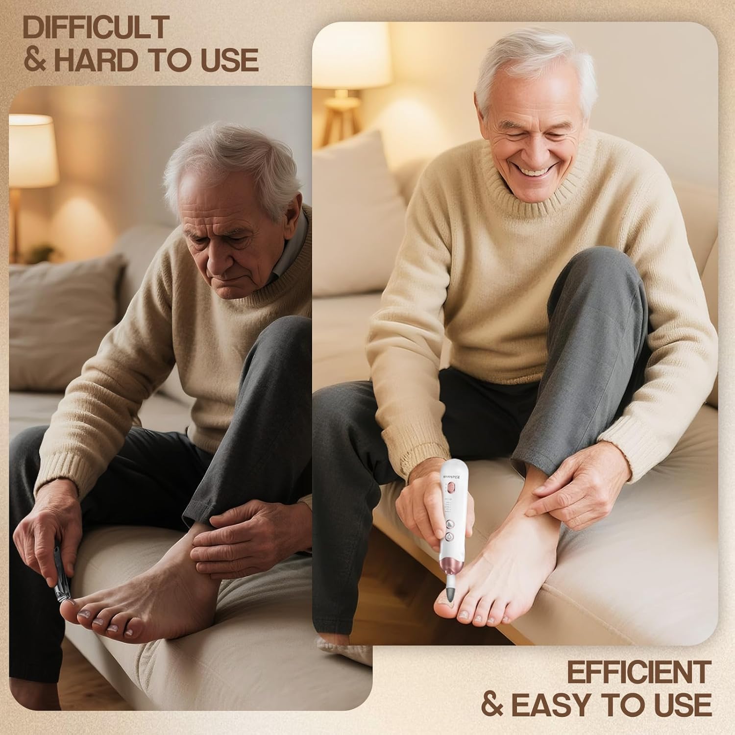 Comparison image showing traditional difficult nail care versus easy use with the Eletorot Electric Nail File on feet
