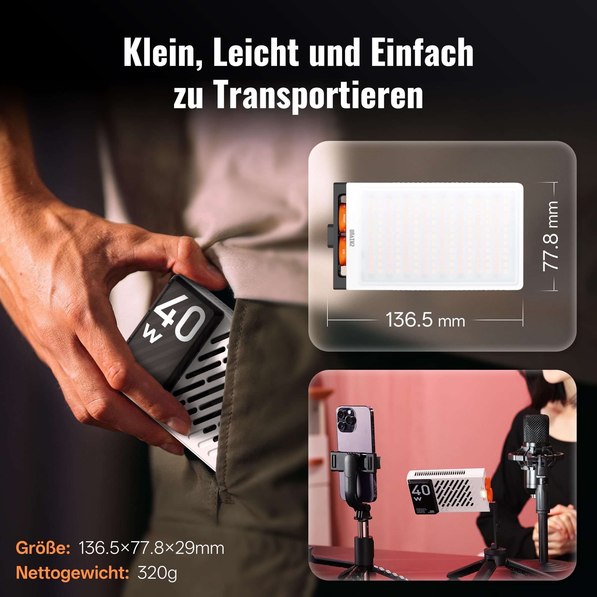 ZHIYUN FIVERAY M40 LED Videoleuchte [Official], 40W Videolicht mit 14000 Lux und 2700-6200K, CRI 96+, 320g Tragbares Video/Foto/Kamera/Streaming Licht für YouTube TikTok, mit 176 LED