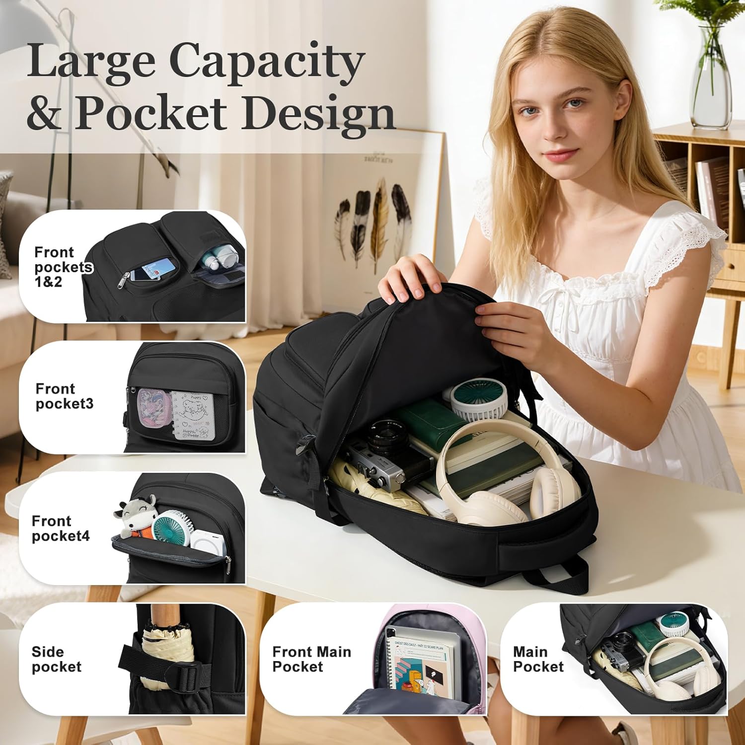 Black Backpack for School Teens Boys Girls, Large Capacity School bag for Men Women, Cute Bookbag for Students, Lightweight College backpack with lots of pockets