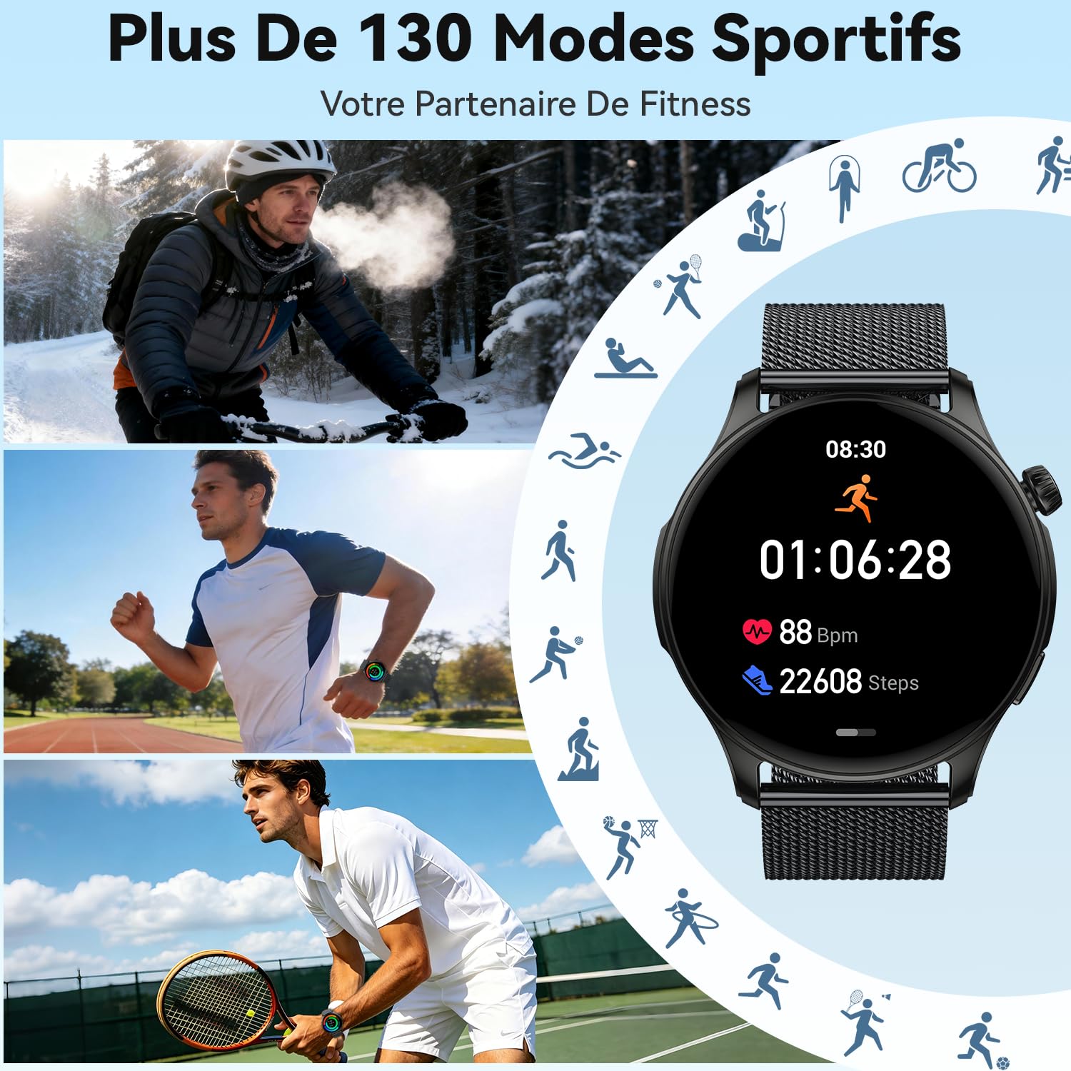 Montre Connectée Homme Femme Smartwatch: Etanche Fitness Smart Watch avec Appel Bluetooth Fréquence Cardiaque Spo2 Sommeil Moniteur 120+ Modes Sport Podomètre Montre Intelligente pour Android iOS