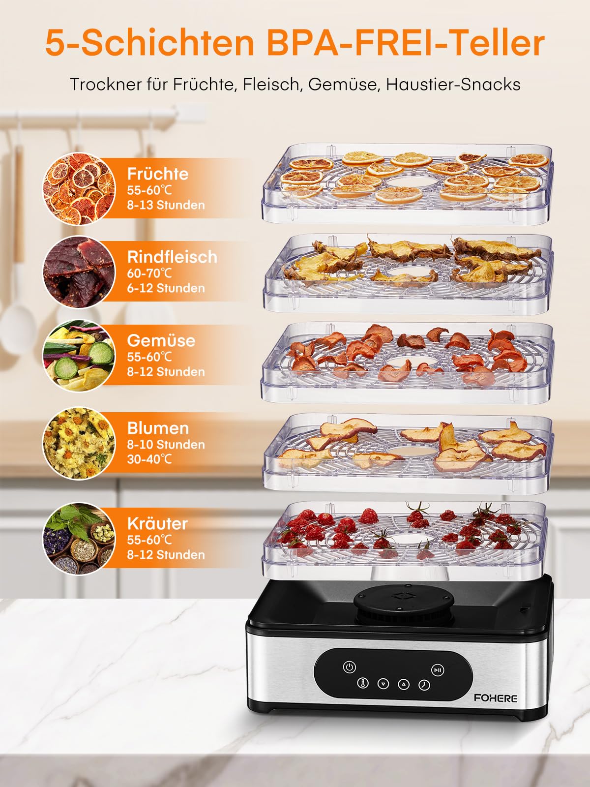 FOHERE Dörrautomat Edelstahl, Dörrgerät mit 5 höhenverstellbaren Tabletts, LED-Anzeige, 420W, 35-70°C, 48h-Timer, für Lebensmittel, Pilze, Früchte, Fleisch, Fisch, Gemüse, BPA frei